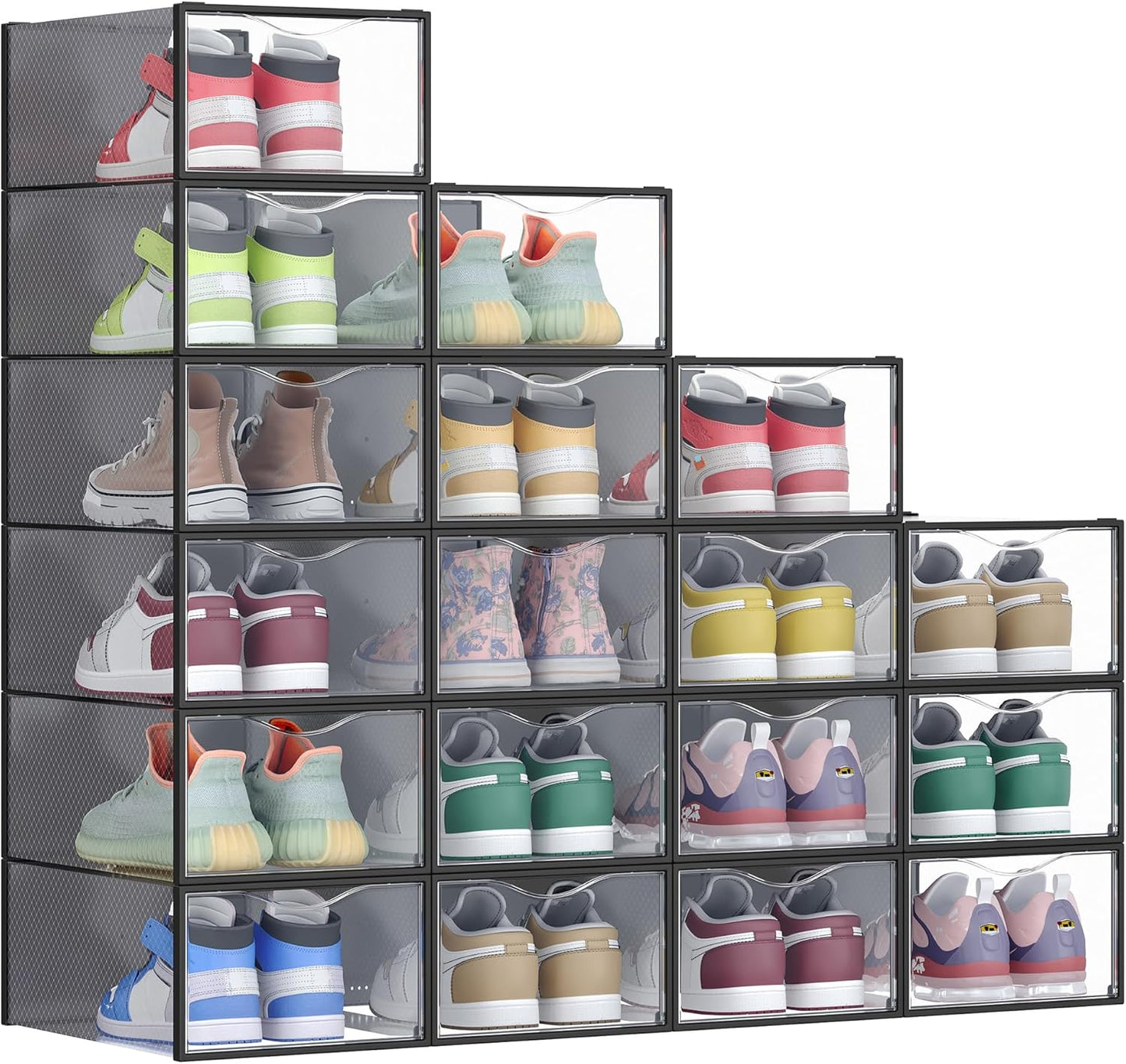Stackable Shoe Boxes, Set of 12 Plastic Shoe Organizers with Door, Transparent, Easy Assembly, 9.1 X 13.1 X 5.6 Inches, for Shoes up to US Size 10, Transparent and Cloud White ULSP312W01