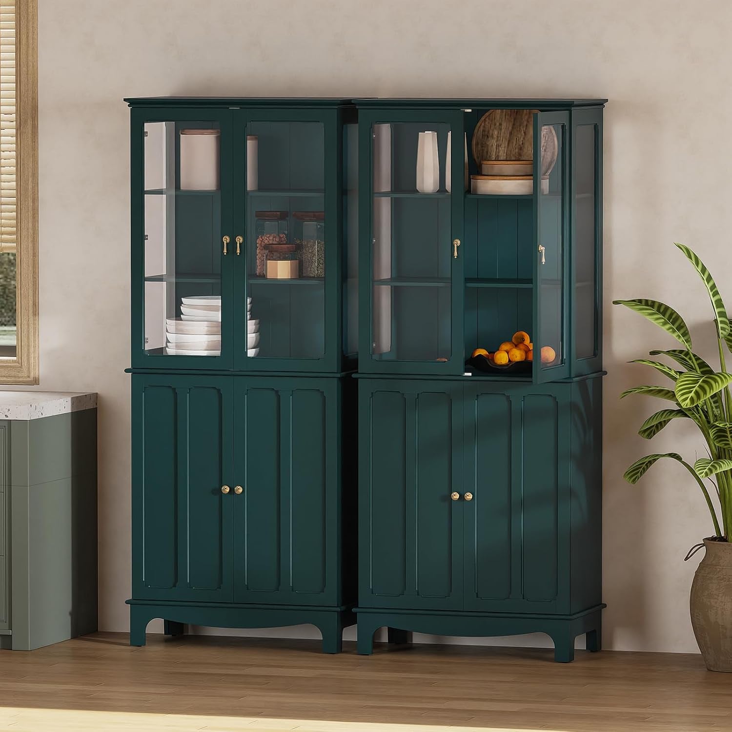 72" Freestanding Kitchen Pantry Storage Sideboard, Classical Tall Cabinet with Glass Door and Adjustable Shelves for Kitchen, Livingroom and Dining Room, Dark Teal