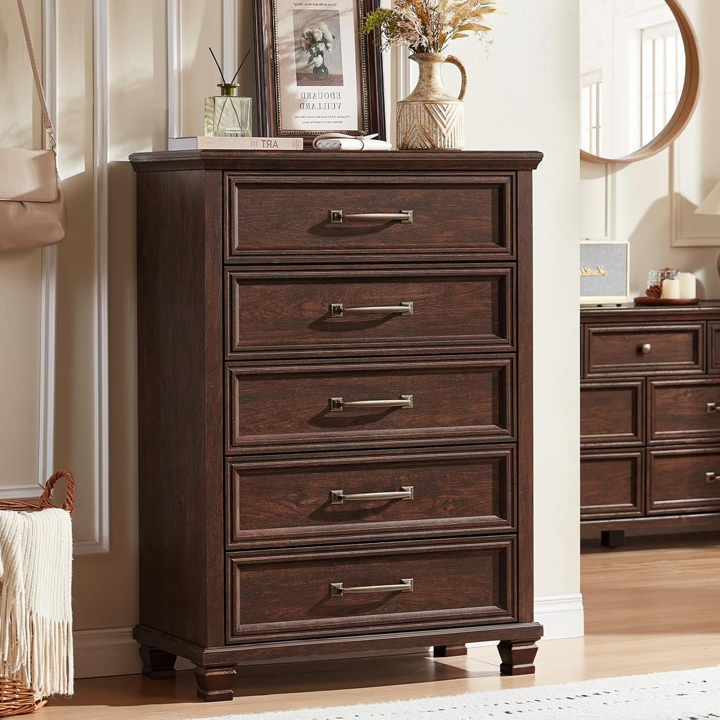 Farmhouse Dresser and Nightstand Sets 4 Piece, 5/7 Drawer Dresser & 2 Drawer Nightstand Set, Rustic Wood Bedroom Furniture Set for Home, Bedroom, Hallway, Walnut