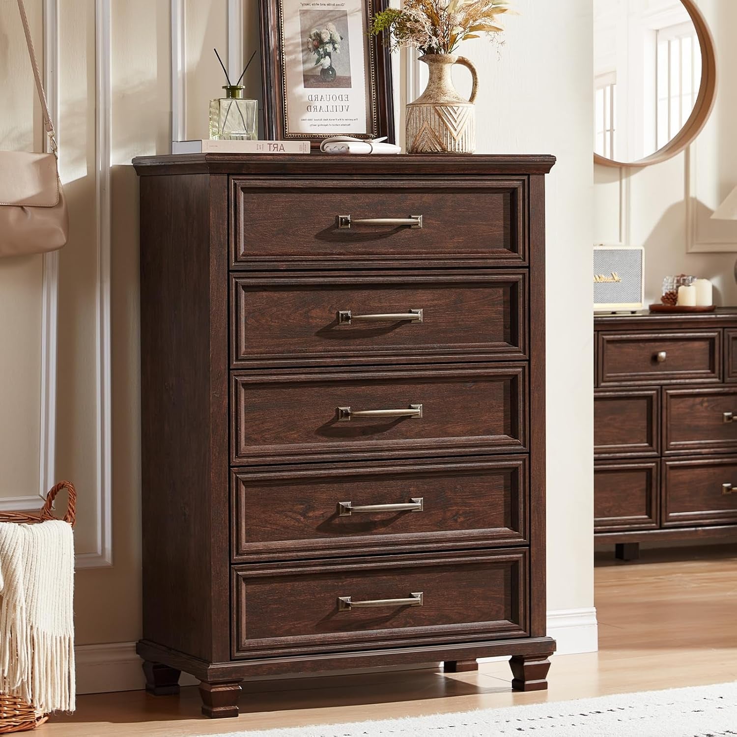 Farmhouse Dresser and Nightstand Sets 4 Piece, 5/7 Drawer Dresser & 2 Drawer Nightstand Set, Rustic Wood Bedroom Furniture Set for Home, Bedroom, Hallway, Walnut