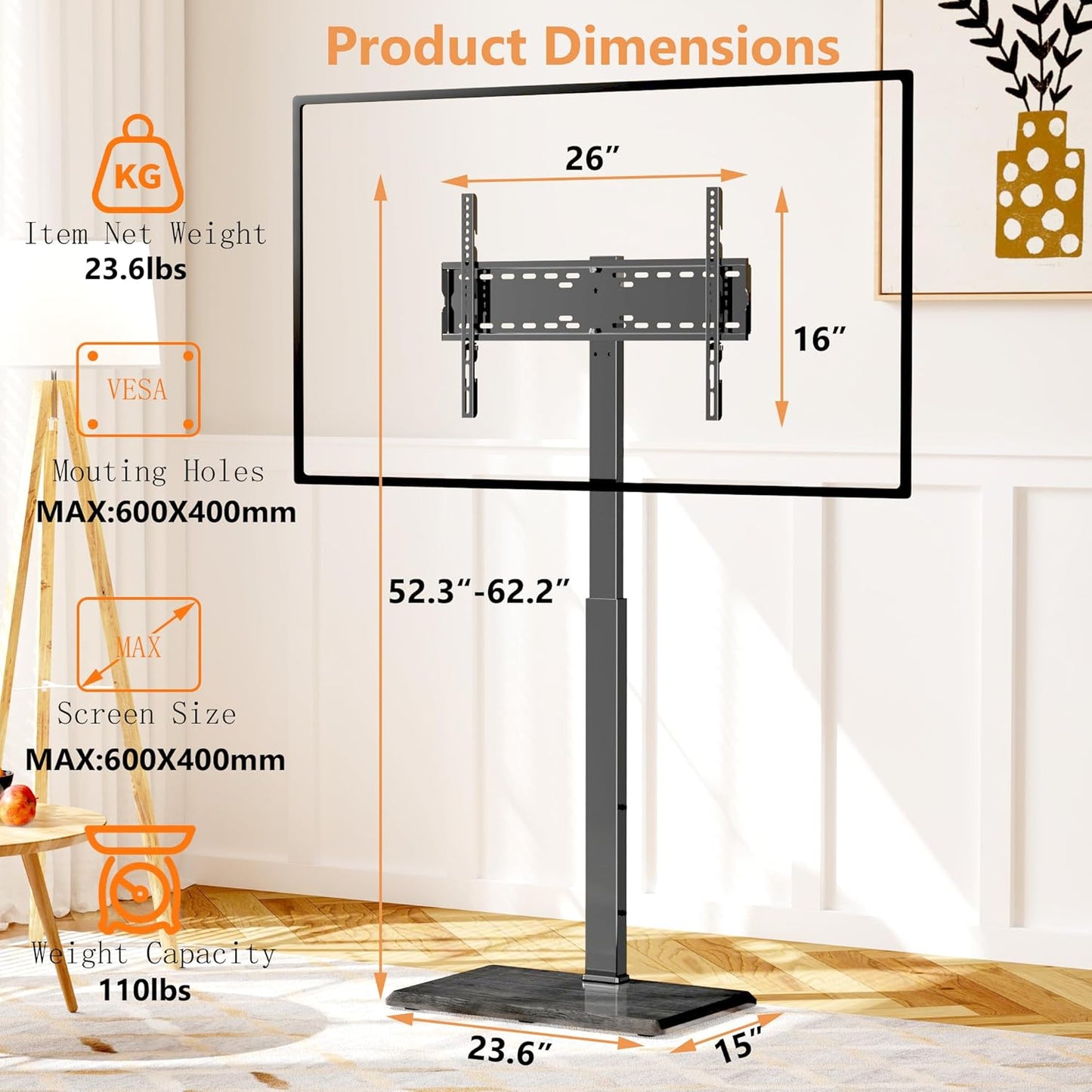 Universal Floor TV Stand,Tv Floor Mount Stand for 32-75 Inch TV up to 110 Lbs, Swivel and Height Adjustable Tall TV Stand for Bedroom,Office(Tcp01-M-A02)