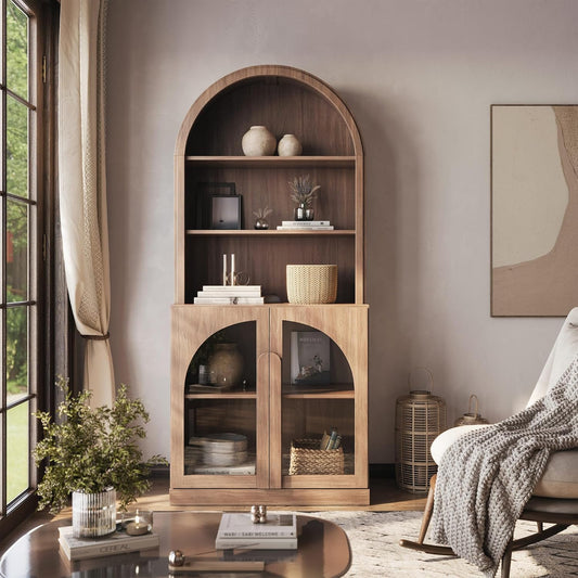Arched Bookshelf with Glass Doors, 71" Tall Wood Display Cabinet with Adjustable Shelf and Hutch, 5 Tier Modern Bookcase Shelf with Storage for Living Room Office, Camel