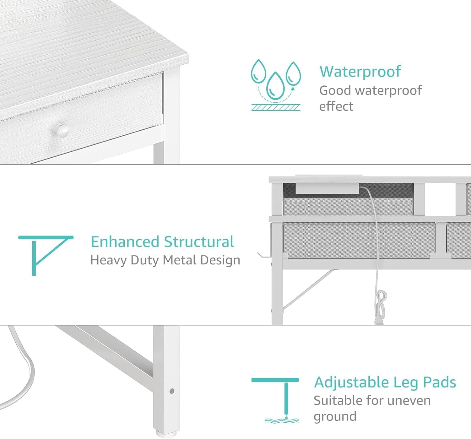 Small White Kids Desk with Fabric Drawers for Bedroom, 32 Inch Vanity Makeup Desk with Drawers Storage for Home Office, Writing Study Table with Power Outlet & Monitor Stand, White
