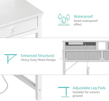 Small White Kids Desk with Fabric Drawers for Bedroom, 32 Inch Vanity Makeup Desk with Drawers Storage for Home Office, Writing Study Table with Power Outlet & Monitor Stand, White