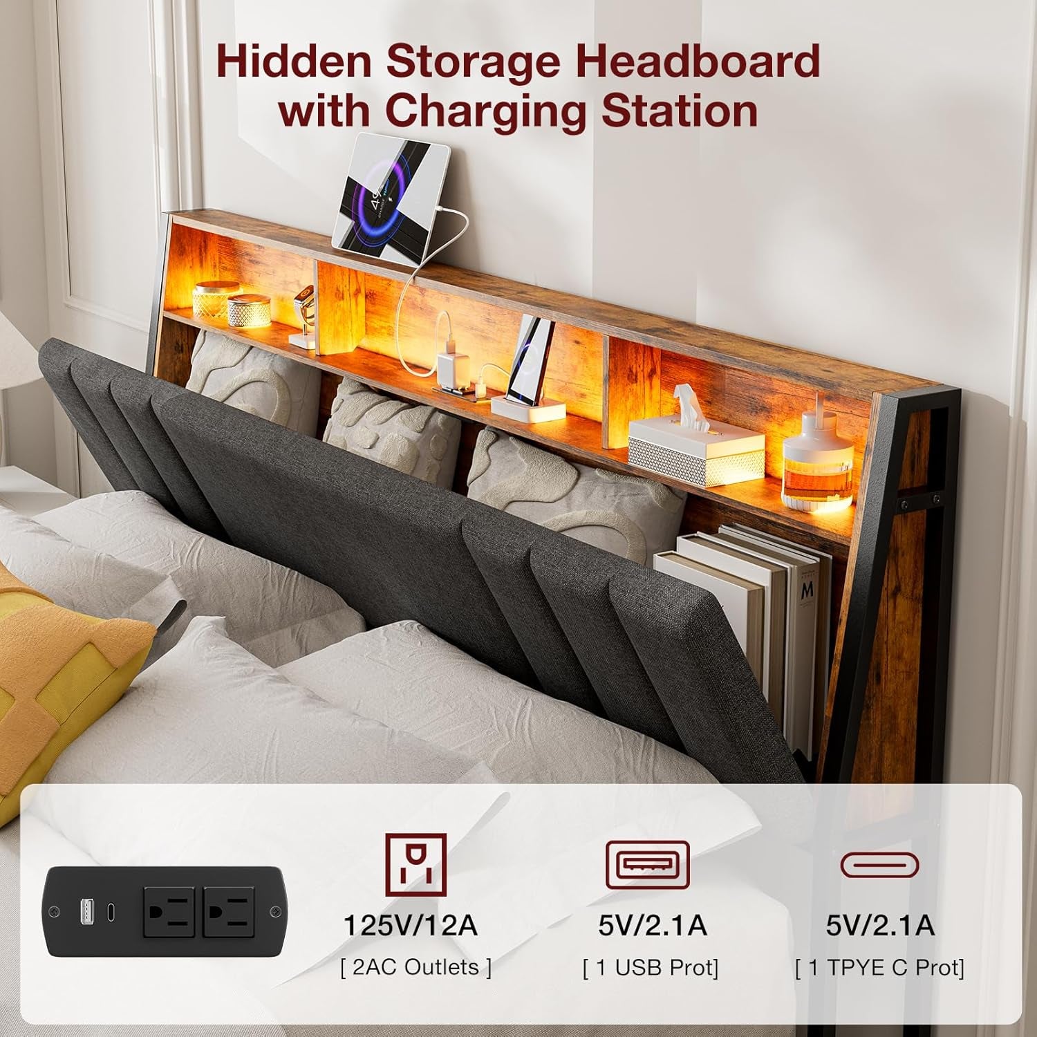 Hidden Storage Headboard King Size with Charging Station, Ergonomic Upholstered King Headboard Only with LED Lights, 2 Outlets & 2 USB Ports, Attach Frame, Easy Assembly, Dark Grey