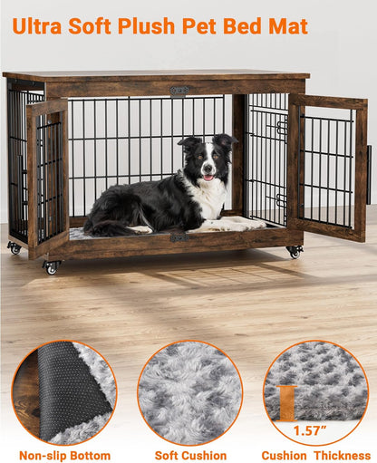 Dog Crate Furniture with Cushion, Wooden Dog Kennel Indoor with Double Doors, Dog Cage with Wheels, Dog House Side End Table for Small Dogs up to 30 Lb, 27.2" L, Grey