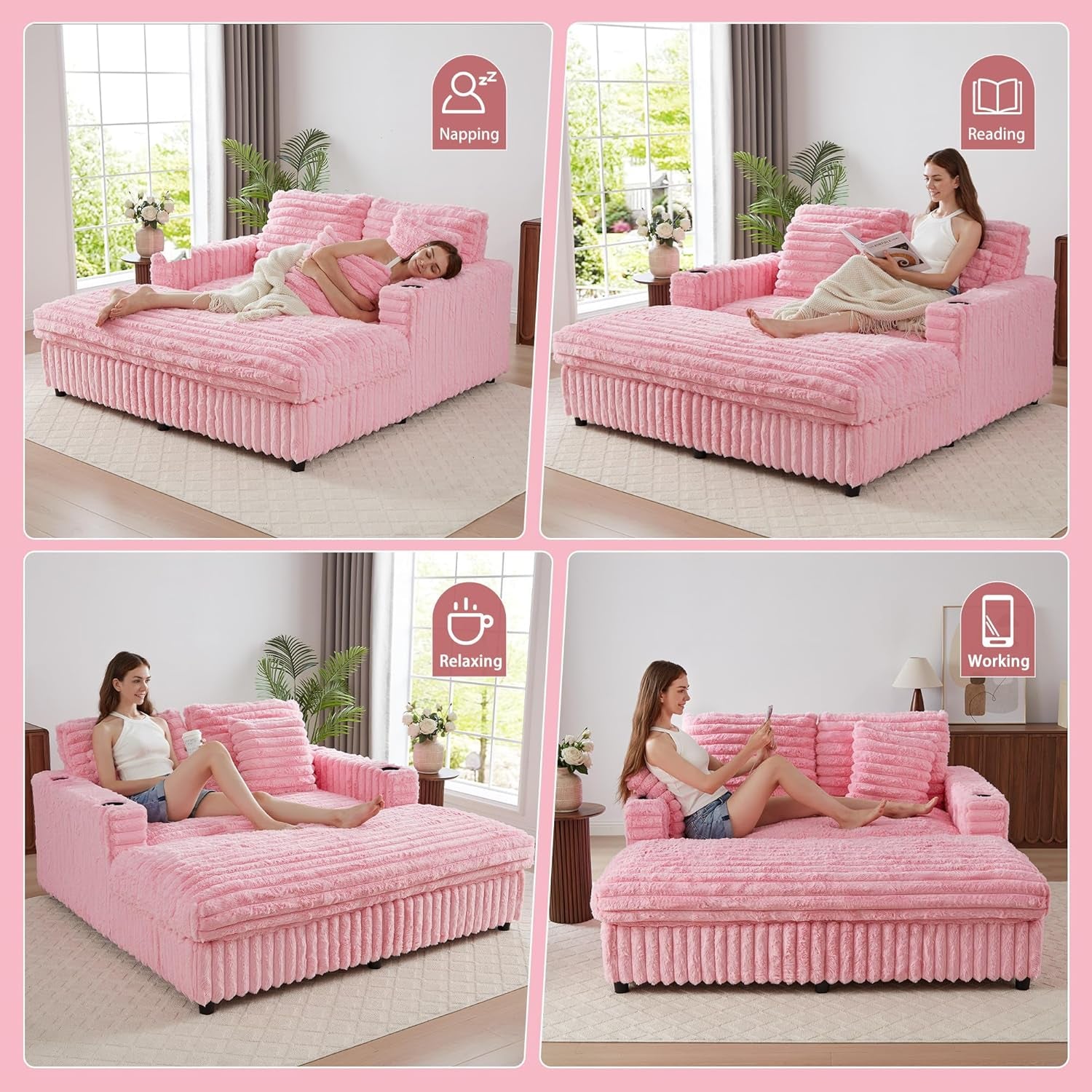 58'' Oversized Chaise Lounge Chair Indoor, Plush Faux Rabbit Fur Sleeper Sofa Bed with 4 Pillows, Charging Station & Cup Holders, Fluffy Comfy Cloud Couch Loveseat Sofa for Living Room,Pink
