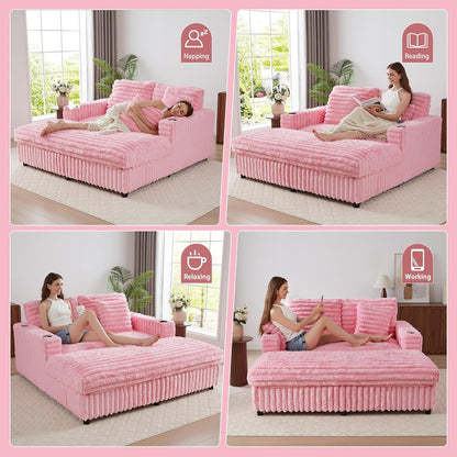 58'' Oversized Chaise Lounge Chair Indoor, Plush Faux Rabbit Fur Sleeper Sofa Bed with 4 Pillows, Charging Station & Cup Holders, Fluffy Comfy Cloud Couch Loveseat Sofa for Living Room,Pink