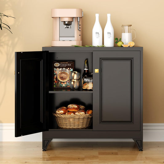 Sideboard Buffet Cabinet, 33" H Sideboard Buffet Storage Cabinet with Doors and Shelves, Coffee Bar, Metal Side Board Cabinets for Living Room, Assembly Required, Black