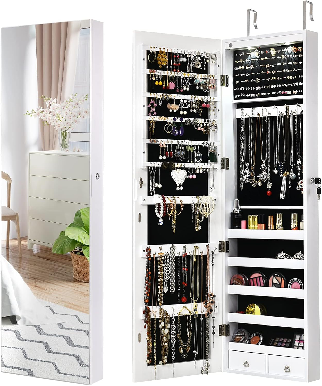 Wall Mounted Jewelry Armoire with Full Length Mirror & 2 LED Lights, Large Storage Capacity, Lockable Mirror Jewelry Cabinet for Women Girls (White)
