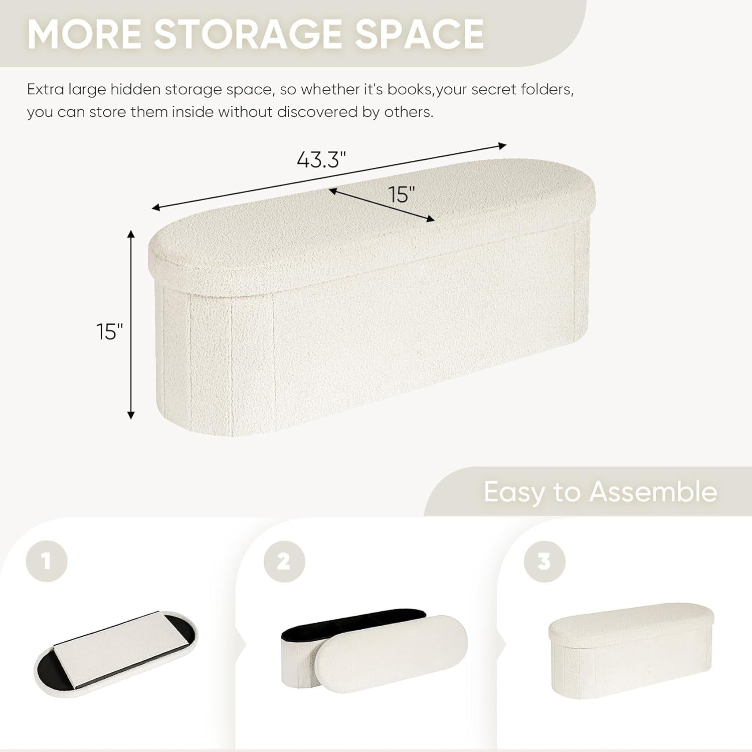 Ottoman with Storage for Living Room, Sherpa Folding Storage Ottoman Foot Rest, 43.3 Inches Collapsible Bedroom Bench White