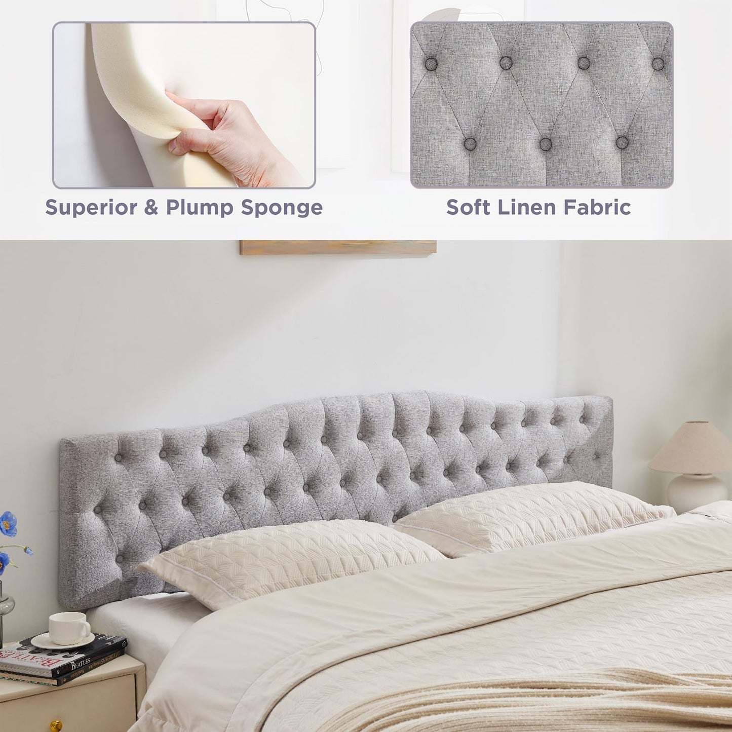 Upholstered Full Headboard, Button Diamond Tufted Headboards with Adjustable Height and Solid Wood Leg, Linen Fabric Padded Headboard for Full Size Bed, Mordern Head Board, Grey