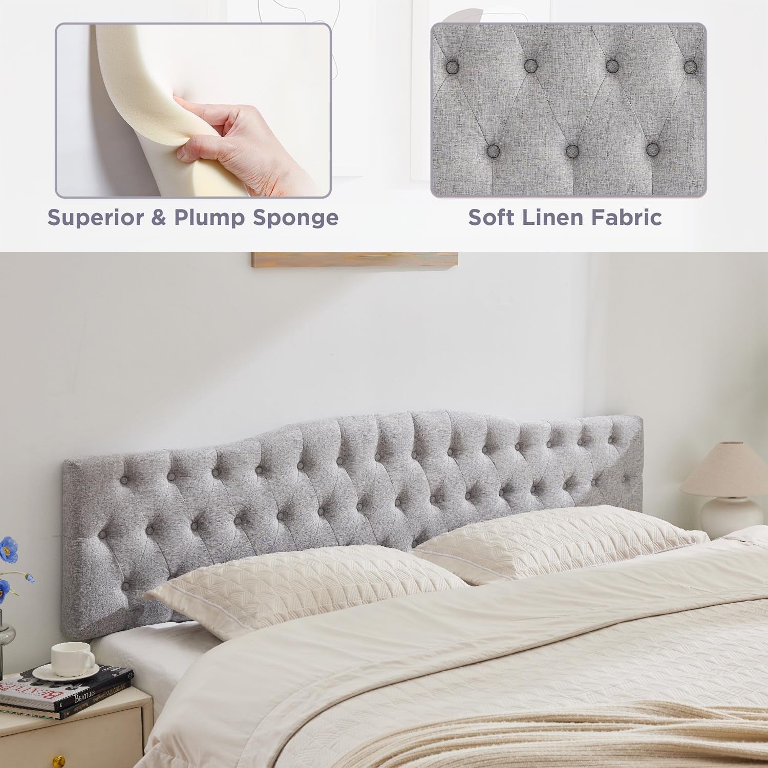 Upholstered Full Headboard, Button Diamond Tufted Headboards with Adjustable Height and Solid Wood Leg, Linen Fabric Padded Headboard for Full Size Bed, Mordern Head Board, Grey