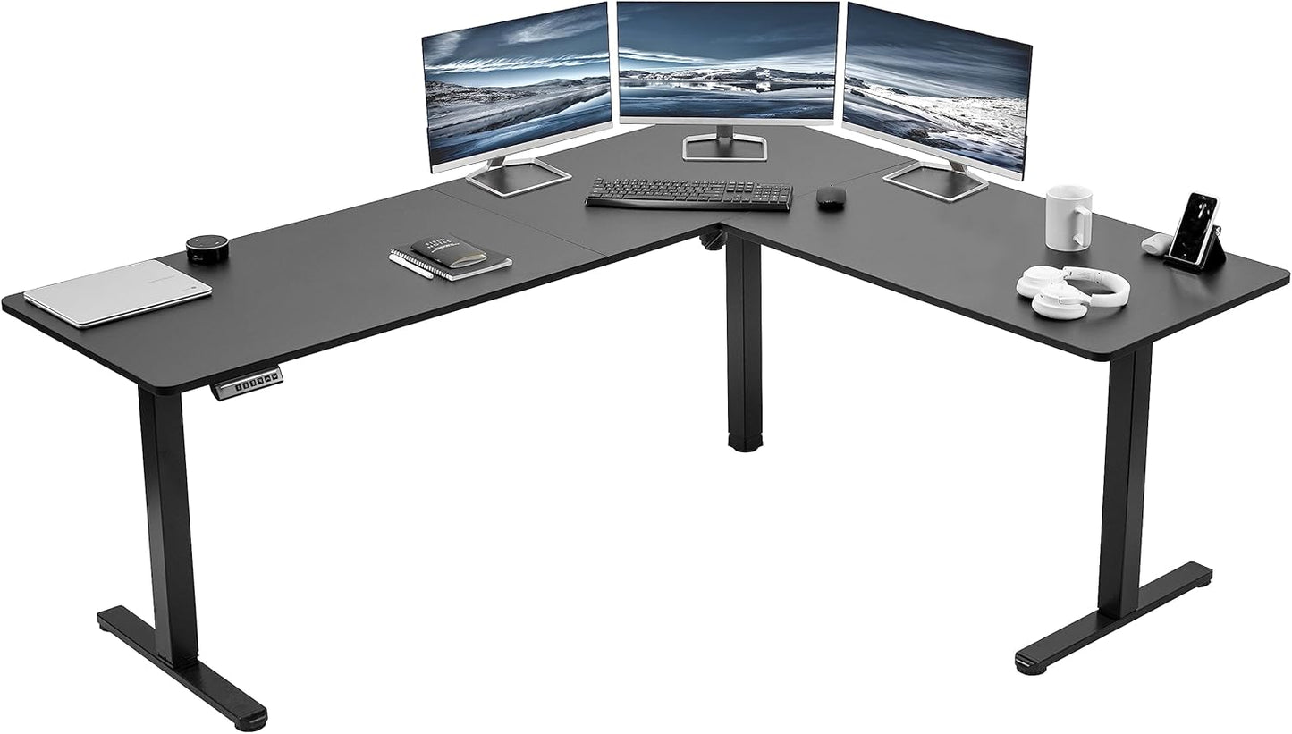 Corner Standing Desk, 75 X 63 Inch Reversible L-Shaped Workstation, Electric Height Adjustment, Home, Office, and Reception Rooms, Black Table Top Black Frame, DESK-E3CTB-75