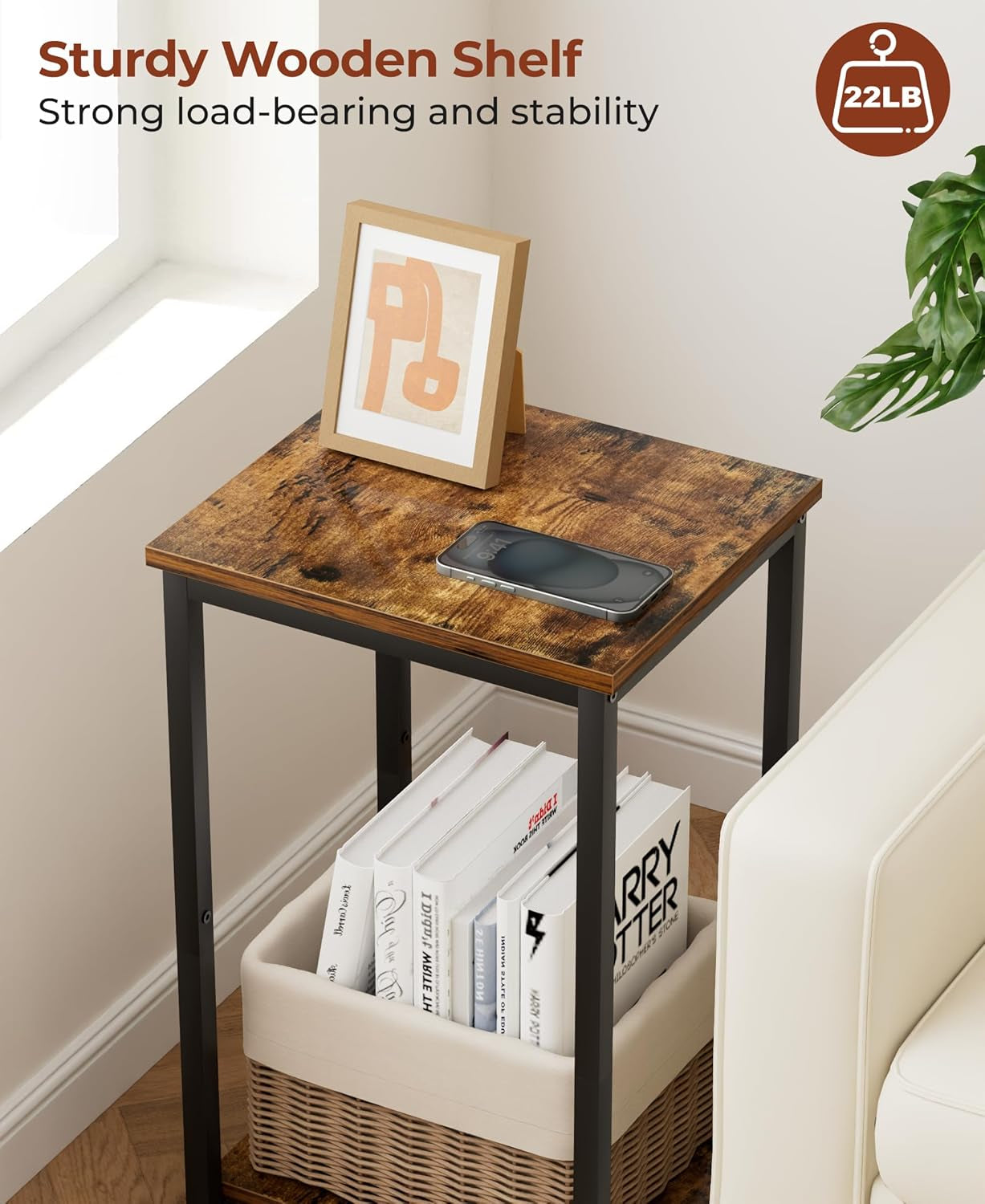 Small Side Table for Small Space End Tables for Living Room, 2-Tier Storage Shelf Night Stand, Sofa Bedroom Bedside Table Nightstand Storage, Rustic Brown
