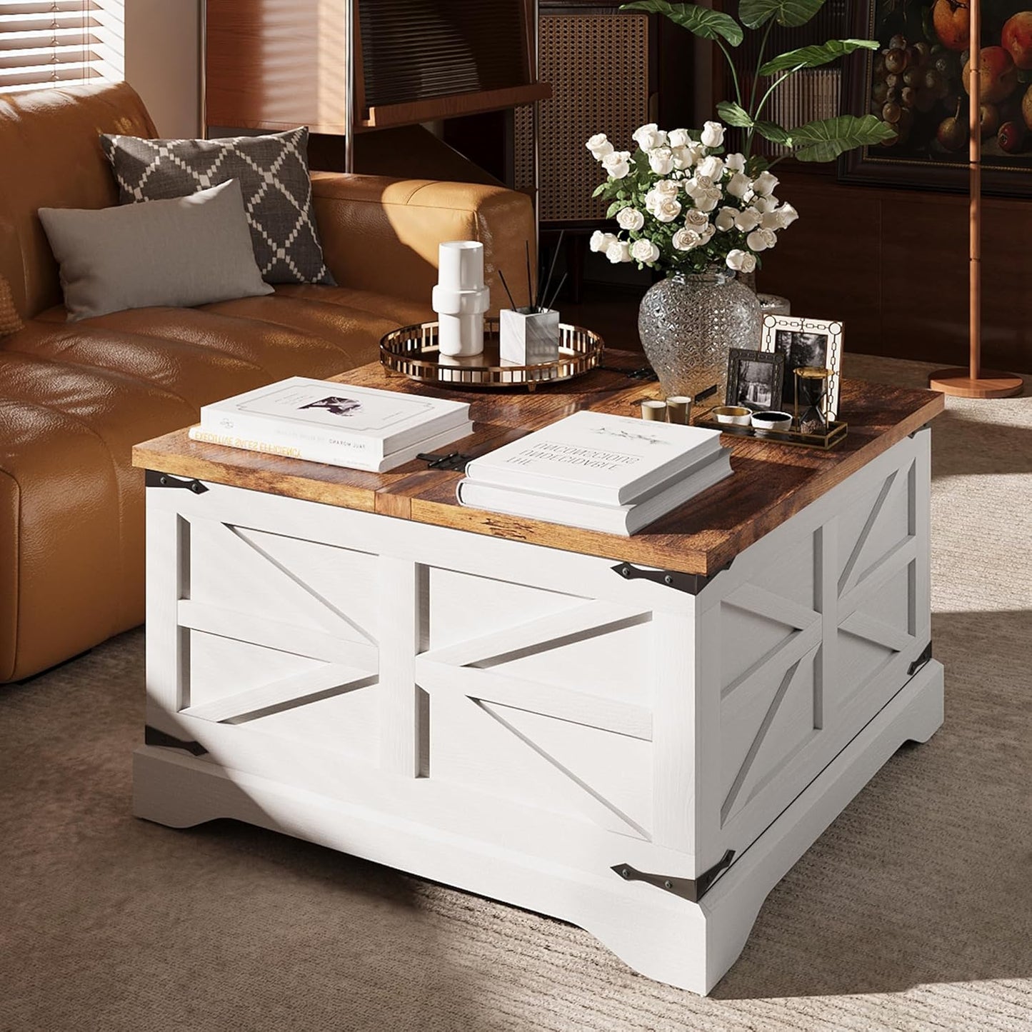 Farmhouse Coffee Table with Storage, Square Coffee Tables for Living Room, Rustic Wood Center Table with Hinged Lifting Tabletop for Home, White