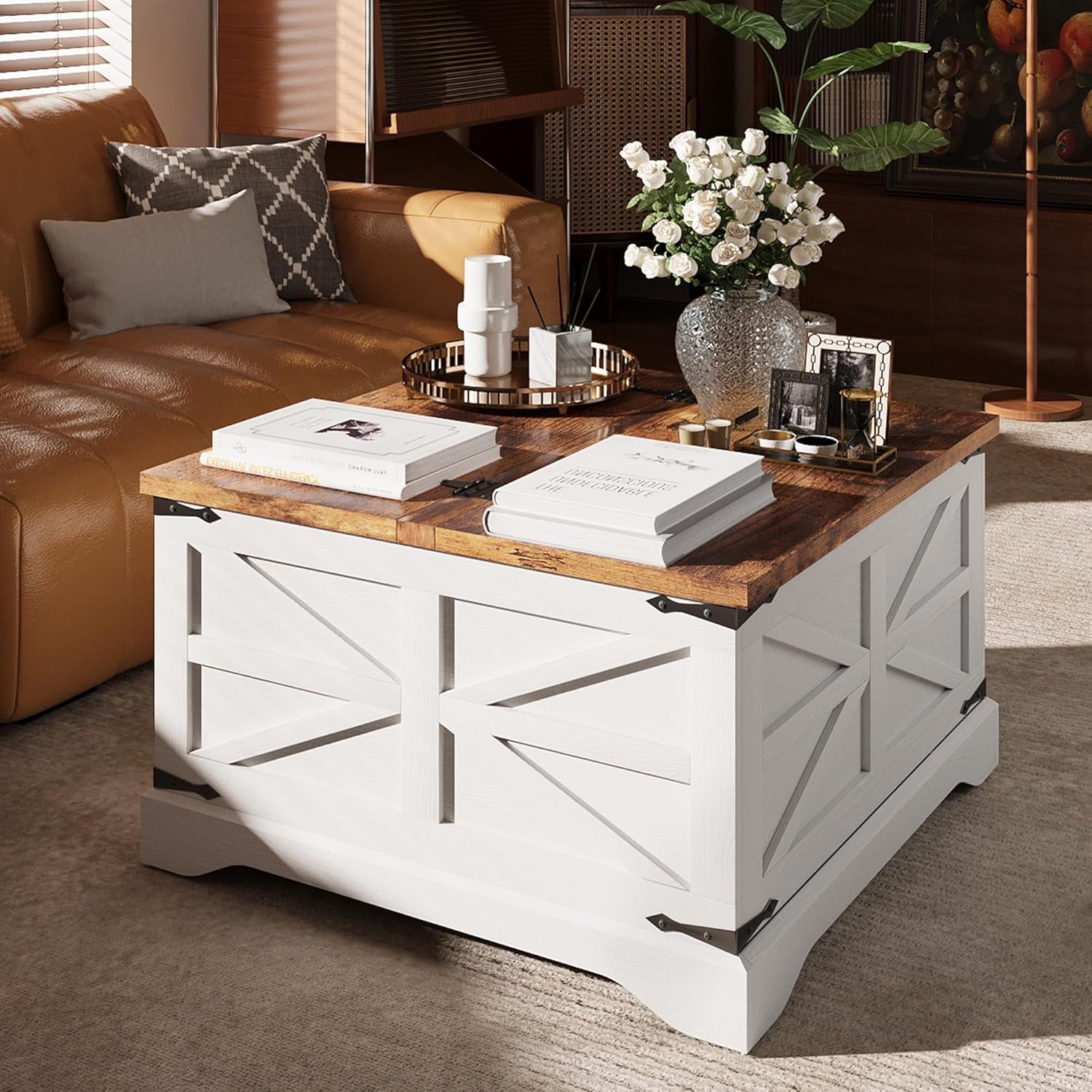 Farmhouse Coffee Table with Storage, Square Coffee Tables for Living Room, Rustic Wood Center Table with Hinged Lifting Tabletop for Home, White