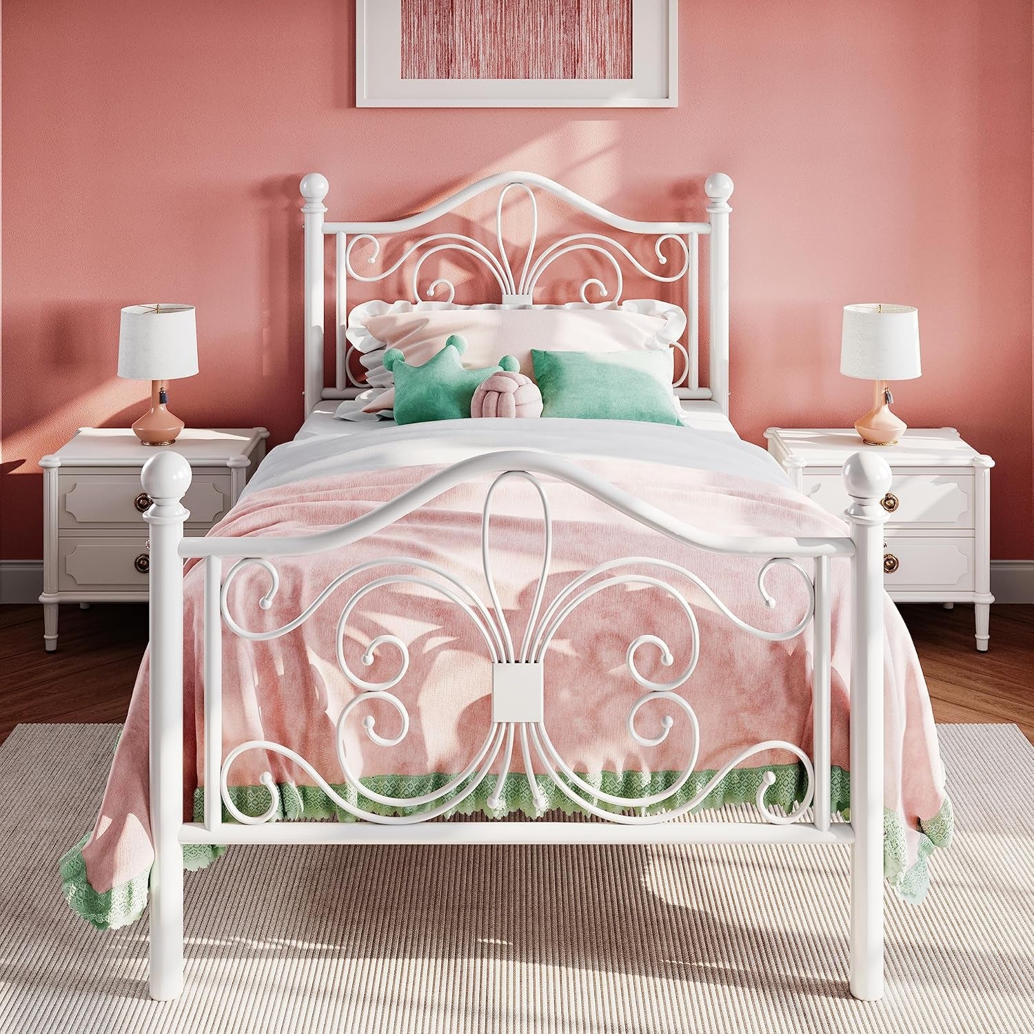Twin Size Bed Frame for Kids,Metal Bed Frame with Butterfly Pattern Design Headboard & Footboard,No Box Spring Needed,Easy Assembly,White