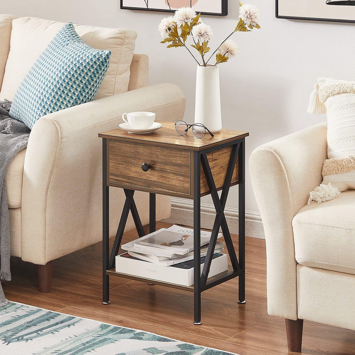 Nightstands Set of 2, Modern Bedside End Tables, Night Stands with Drawer and Storage Shelf for Living Room Bedroom, Industrial Metal Frame