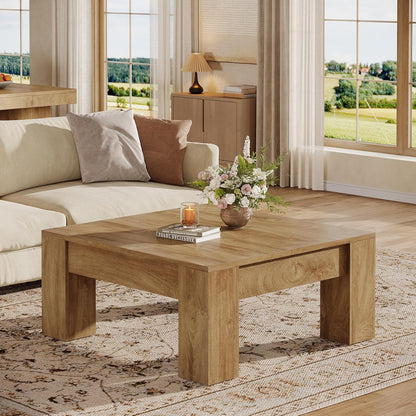 Square Coffee Table, 39-Inch Farmhouse Wooden Coffee Table with Sturdy Legs, Rustic Accent Center Table for Living Room, Easy Assembly, Light Brown