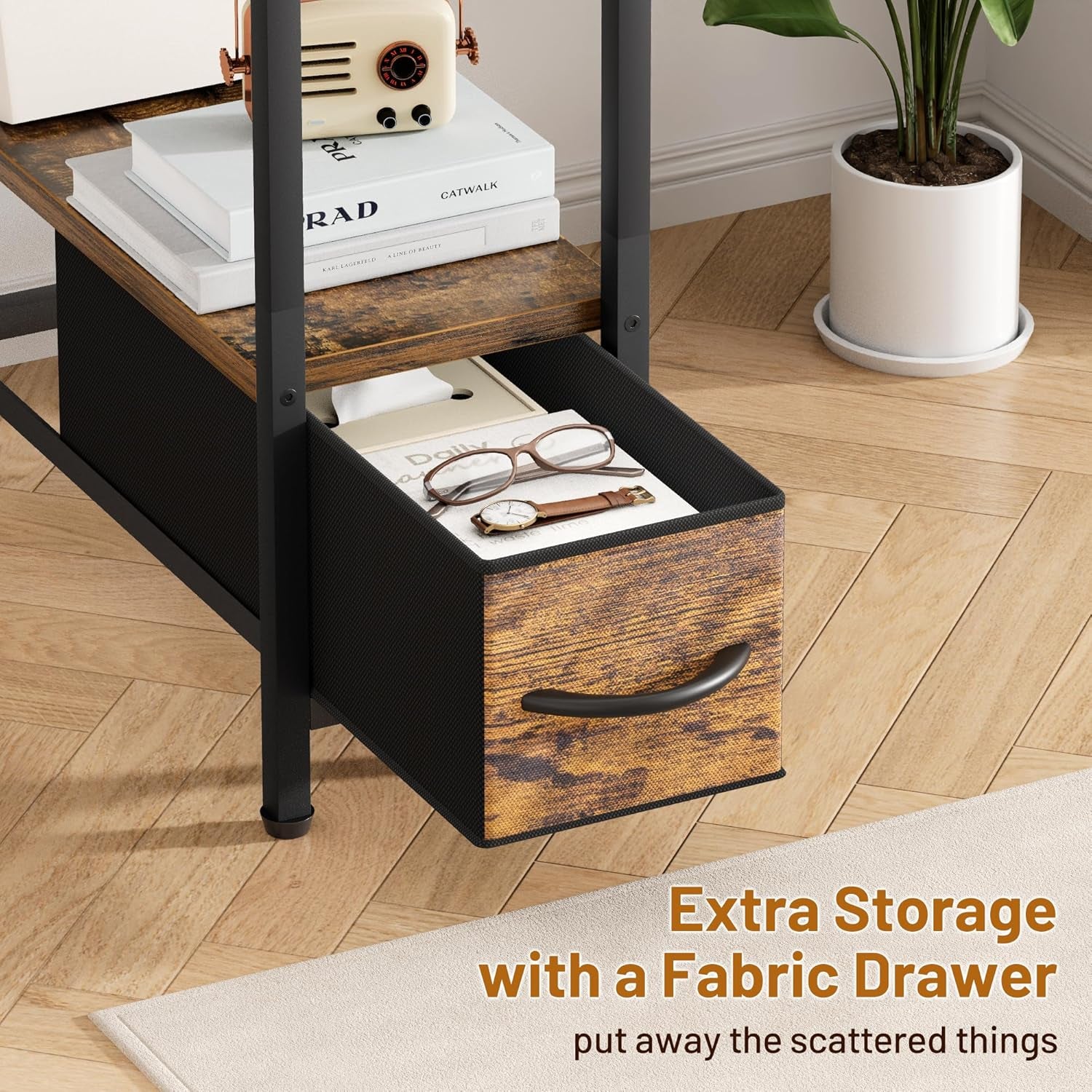 Living Room Side Table with Drawer, 2 Tier Slim End Tables with Storage for Small Spaces, Narrow Nightstand for Sofa Couch, Bedroom, Rustic Brown