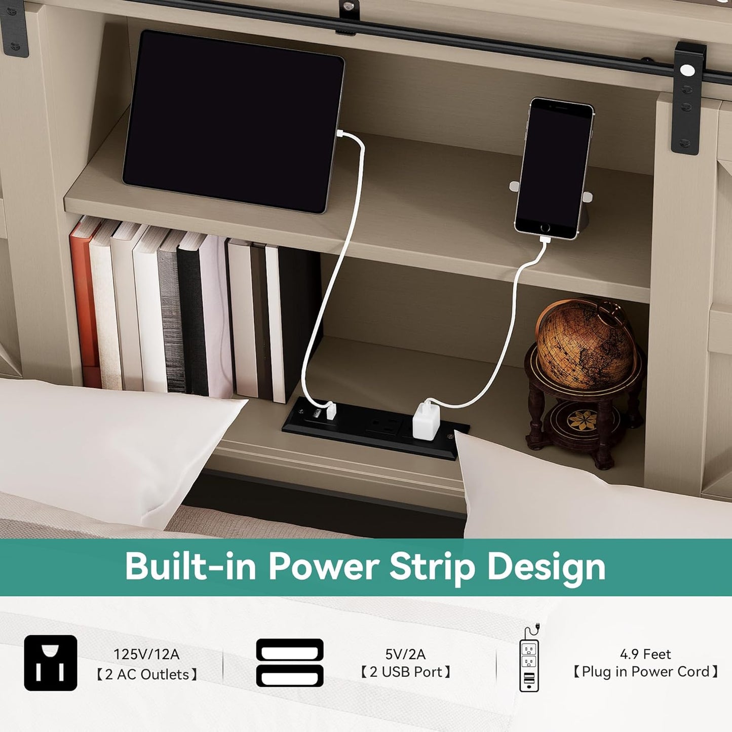 ​Farmhouse King Size Bed Frame with Headboard, Bookcase Storage Shelves, Sliding Barn Door, Charging Station, Rustic Wood Platform Bed, No Box Spring Needed, Oak