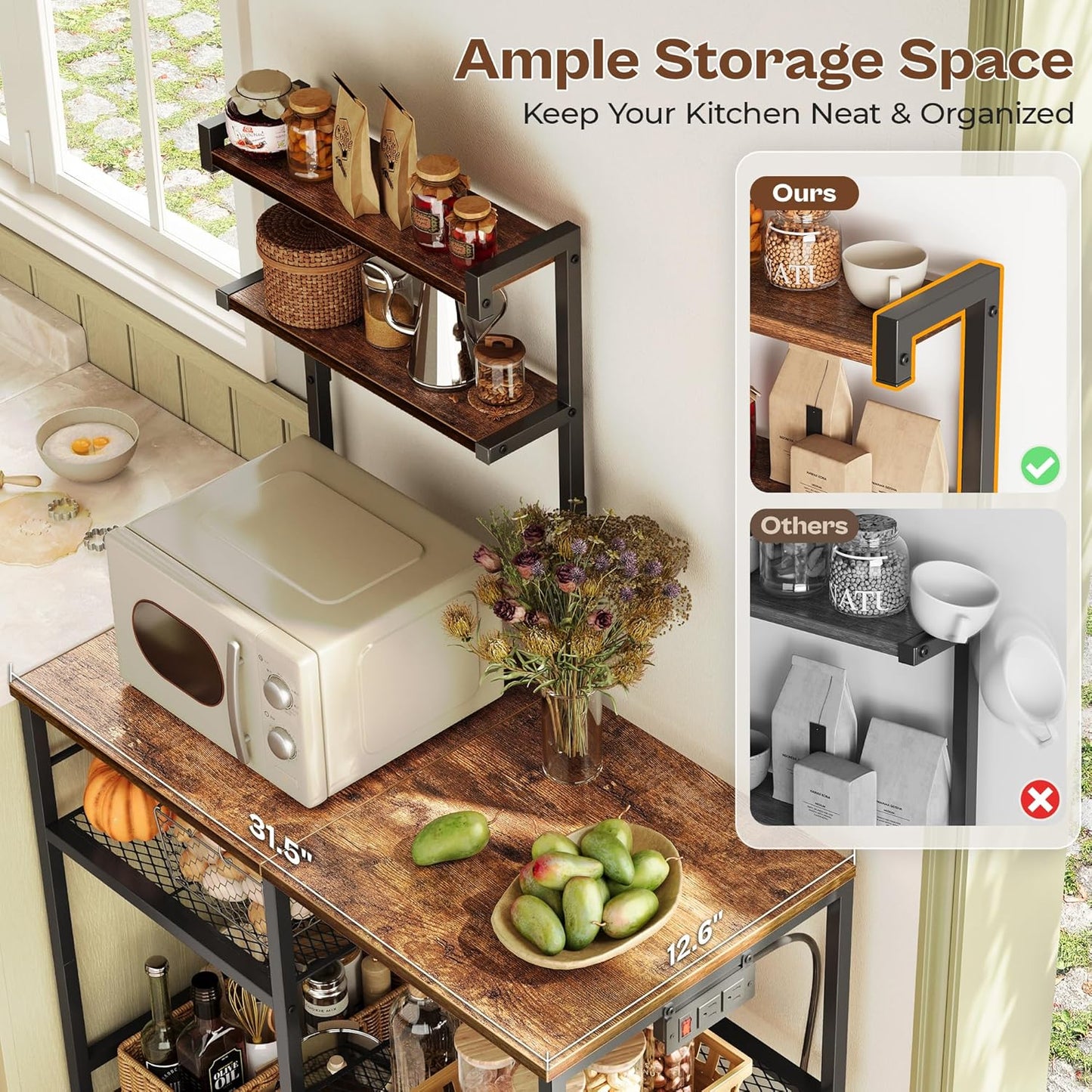 31.5 Inch Bakers Rack with Power Outlets, Kitchen Microwave Stand with Storage, Coffee Bar with 4 Hooks, 3-Level Height Open Shelves, Rustic Brown