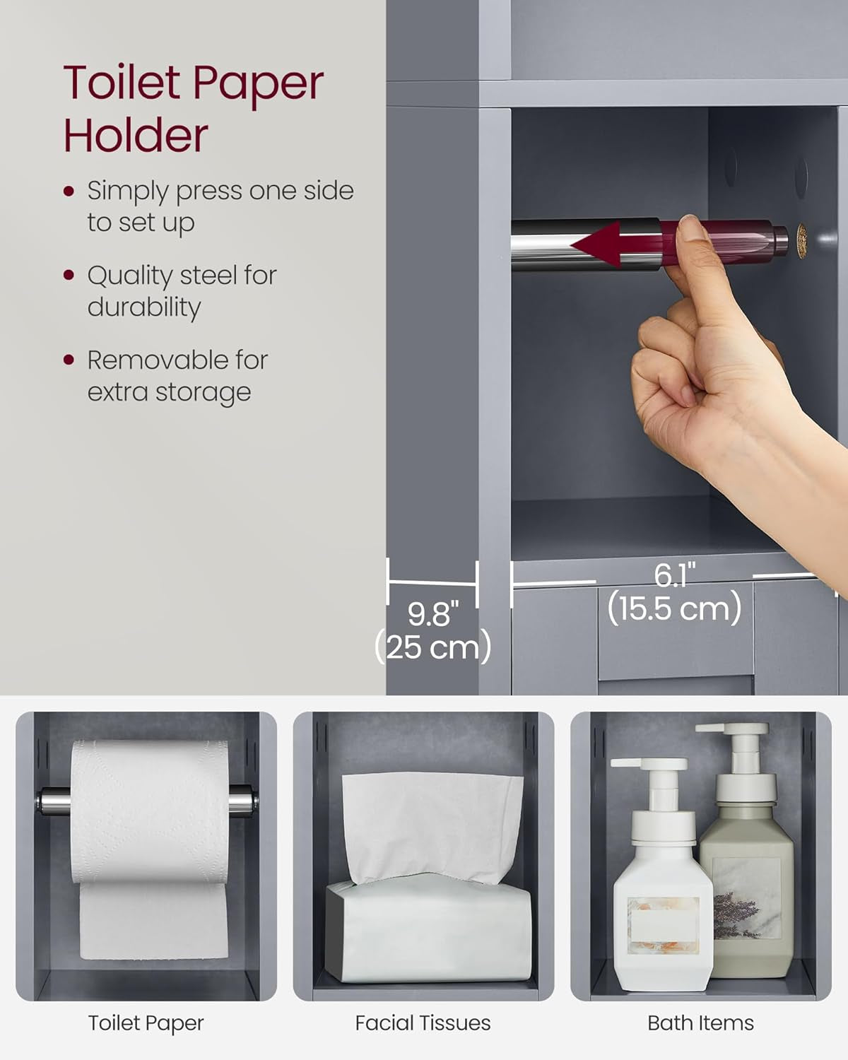 over the Toilet Storage Shelf, Bathroom Storage Cabinet with Sliding Door, Adjustable Shelves, Toilet Paper Holder, Space-Saving, Modern, 9.8 X 32.7 X 66.9 Inches, Cloud White UBTS018W01