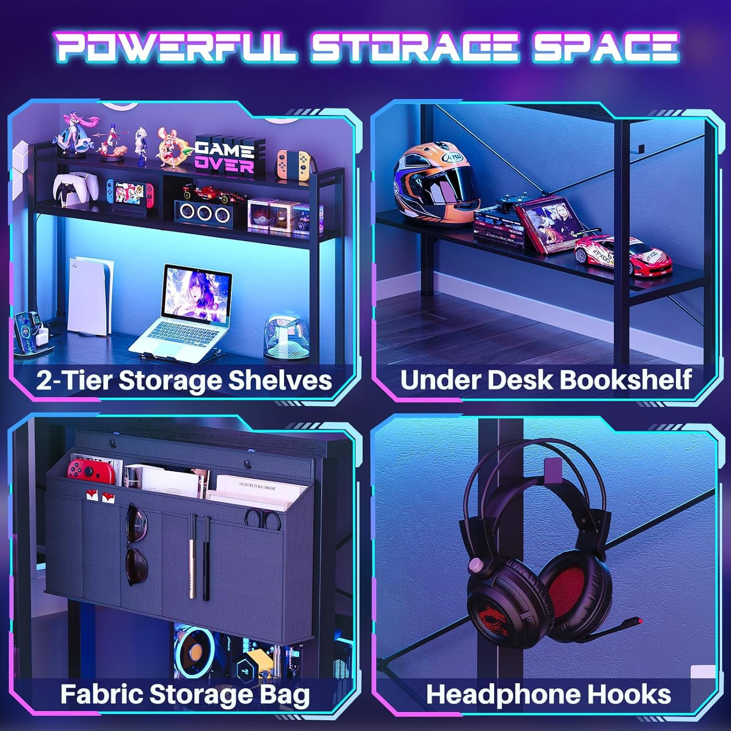 L Shaped Desk Gaming Desk, 59" L Shaped Computer Desk with LED Light & Power Outlet, Reversible Home Office Desk Gamer Desks with Shelves & Storage Bag & Hooks, Corner PC Desk, Black