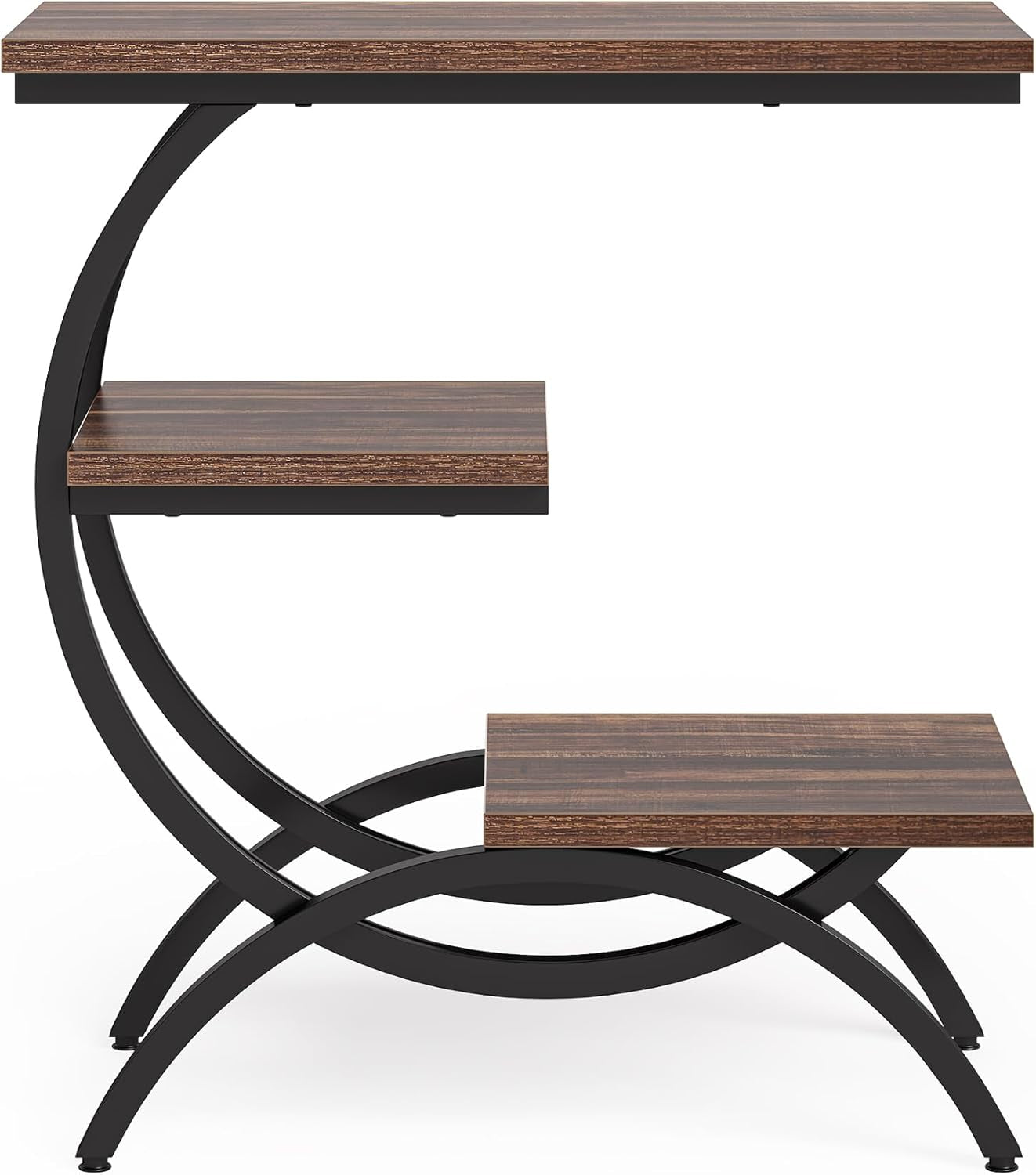 End Table, Narrow End Table with 3 Storage Shelves, Industrial C-Shaped Small Sofa Side Table for Living Room, Wood Slim Snack Table with Black Metal Frame, Rustic Brown