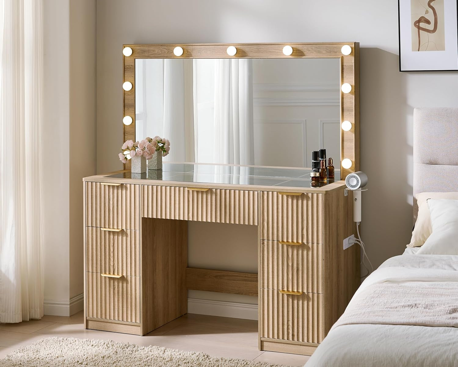 47.2" Fluted Vanity Desk with Large Mirror and Adjustable LED Lights, 7 Drawers Makeup Table with Glass Top and Charging Station for Women and Girls, Bedroom or Dorm, Oak