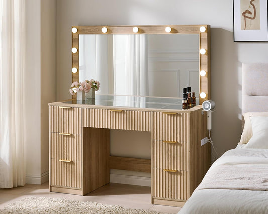 47.2" Fluted Vanity Desk with Large Mirror and Adjustable LED Lights, 7 Drawers Makeup Table with Glass Top and Charging Station for Women and Girls, Bedroom or Dorm, Oak