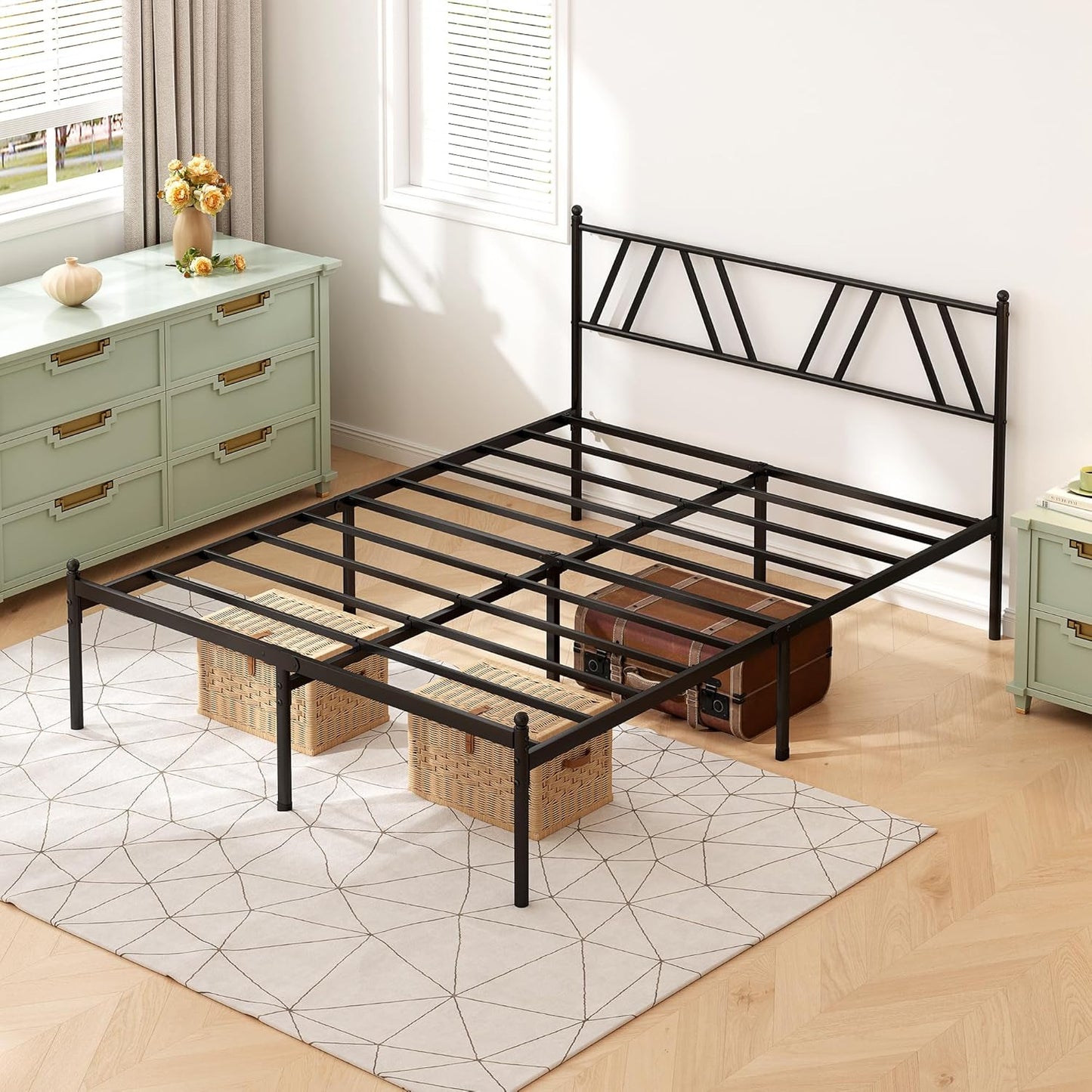 Metal Platform Bed Frame with Headboard, 14 Inches Queen Bed, No Box Spring Needed, Steel Slat Support, Black, Easy Assembly