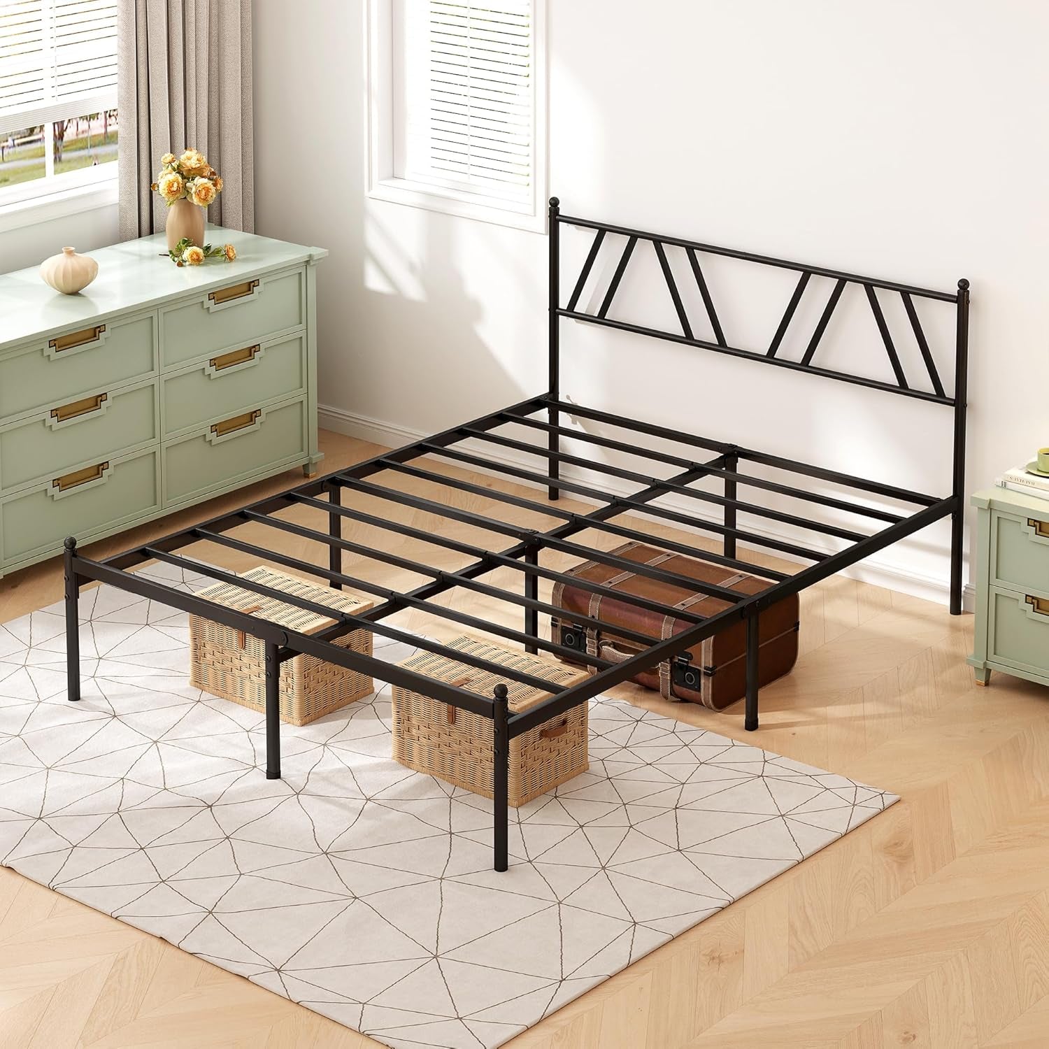 Metal Platform Bed Frame with Headboard, 14 Inches Queen Bed, No Box Spring Needed, Steel Slat Support, Black, Easy Assembly