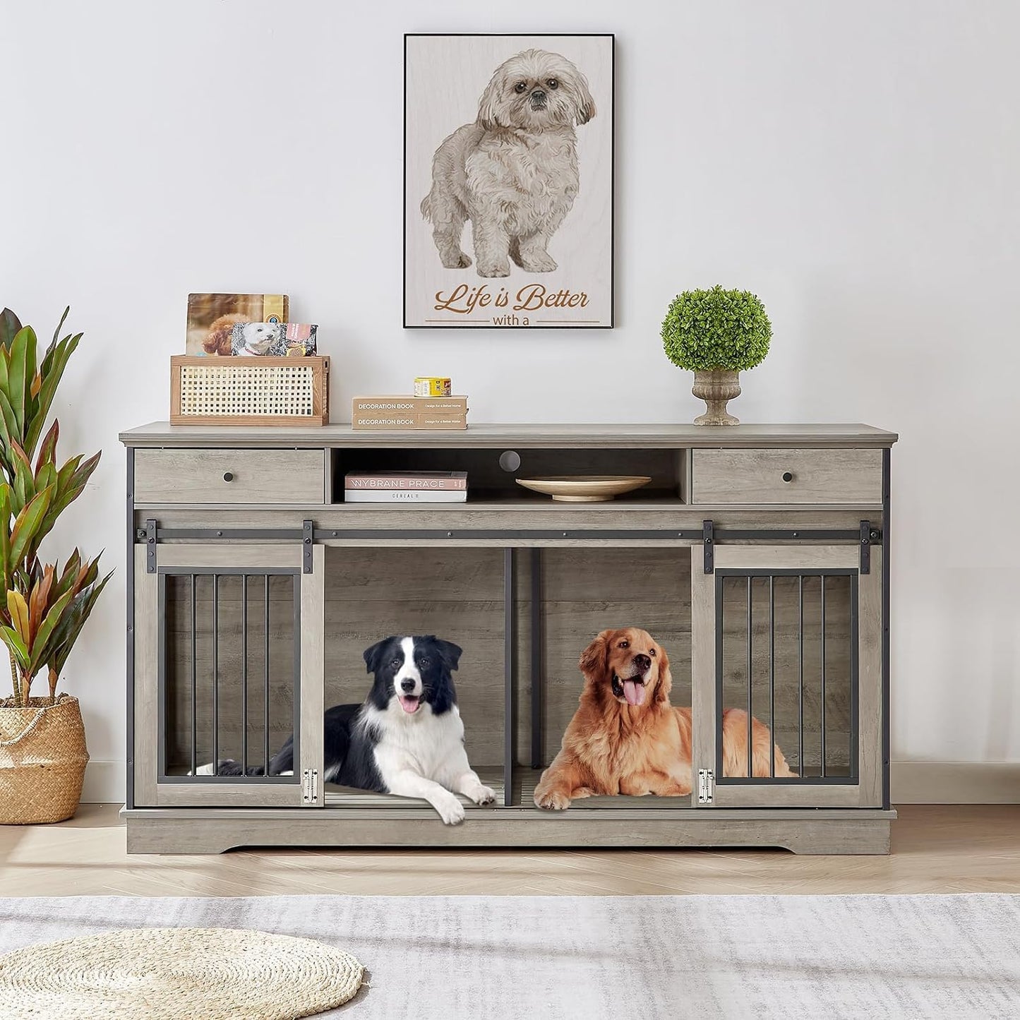 66" Double Dog Crate Furniture, Large Dog Kennel Furniture TV Stand for 2 Dogs, Furniture Style Dog Crates End Table, Wood Crates for Dogs Grey