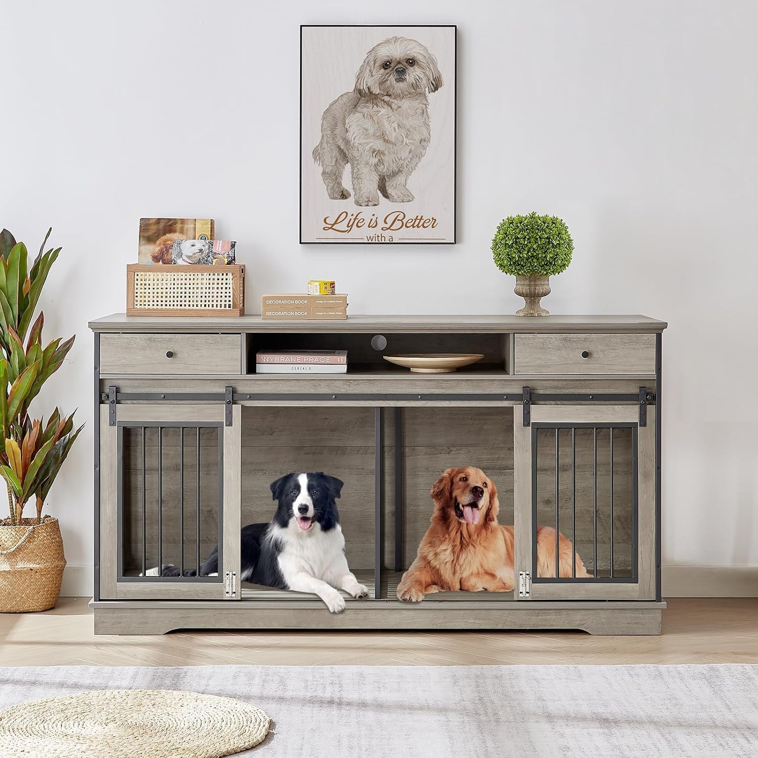66" Double Dog Crate Furniture, Large Dog Kennel Furniture TV Stand for 2 Dogs, Furniture Style Dog Crates End Table, Wood Crates for Dogs Grey