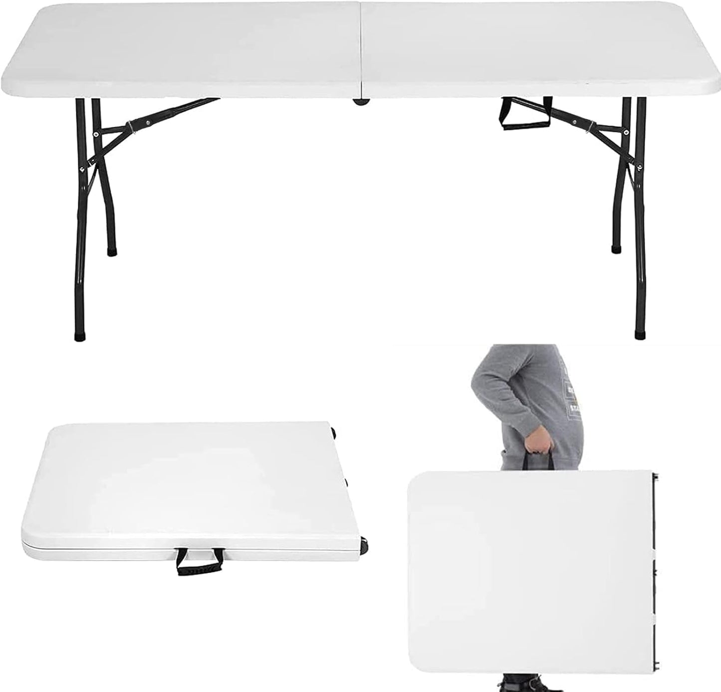 6 Ft Heavy Duty Working Indoor Outdoor Plastic Folding Utility Party Dining Table Easy to Assemble with Lock Function White, 70.9 X 29.1 X 29.1 Inches (White, 6 FT)