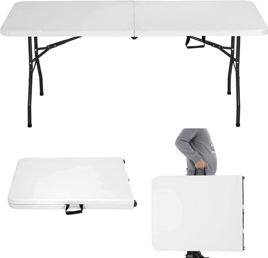 6 Ft Heavy Duty Working Indoor Outdoor Plastic Folding Utility Party Dining Table Easy to Assemble with Lock Function White, 70.9 X 29.1 X 29.1 Inches (White, 6 FT)