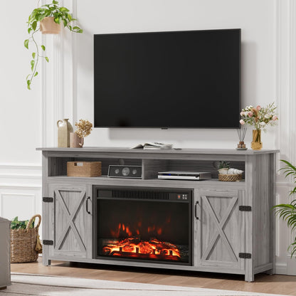 Farmhouse Fireplace TV Stand for Tvs up to 65 Inch Highboy Entertainment Center with Open Storage and Side Cabinets Rustic Media Console Table with Barn Doors for Living Room (Grey Wash)