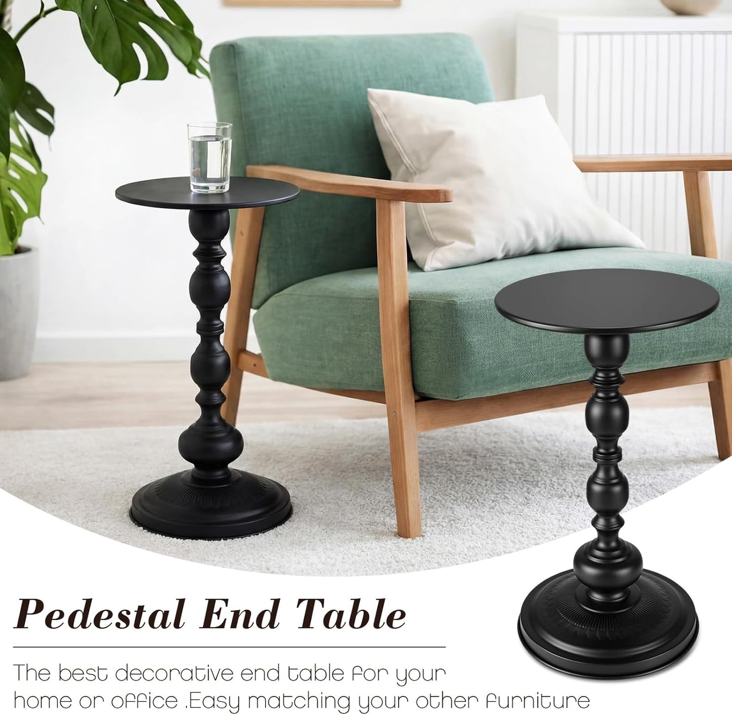 2 Set Pedestal Metal round Side Table Small Black End Table Vintage Sofa Coffee Drink Tables for Small Space Matte Modern Drink Tables for Sofa, Living Room, Bedroom, Bed, 11.8"W X 20.47"H