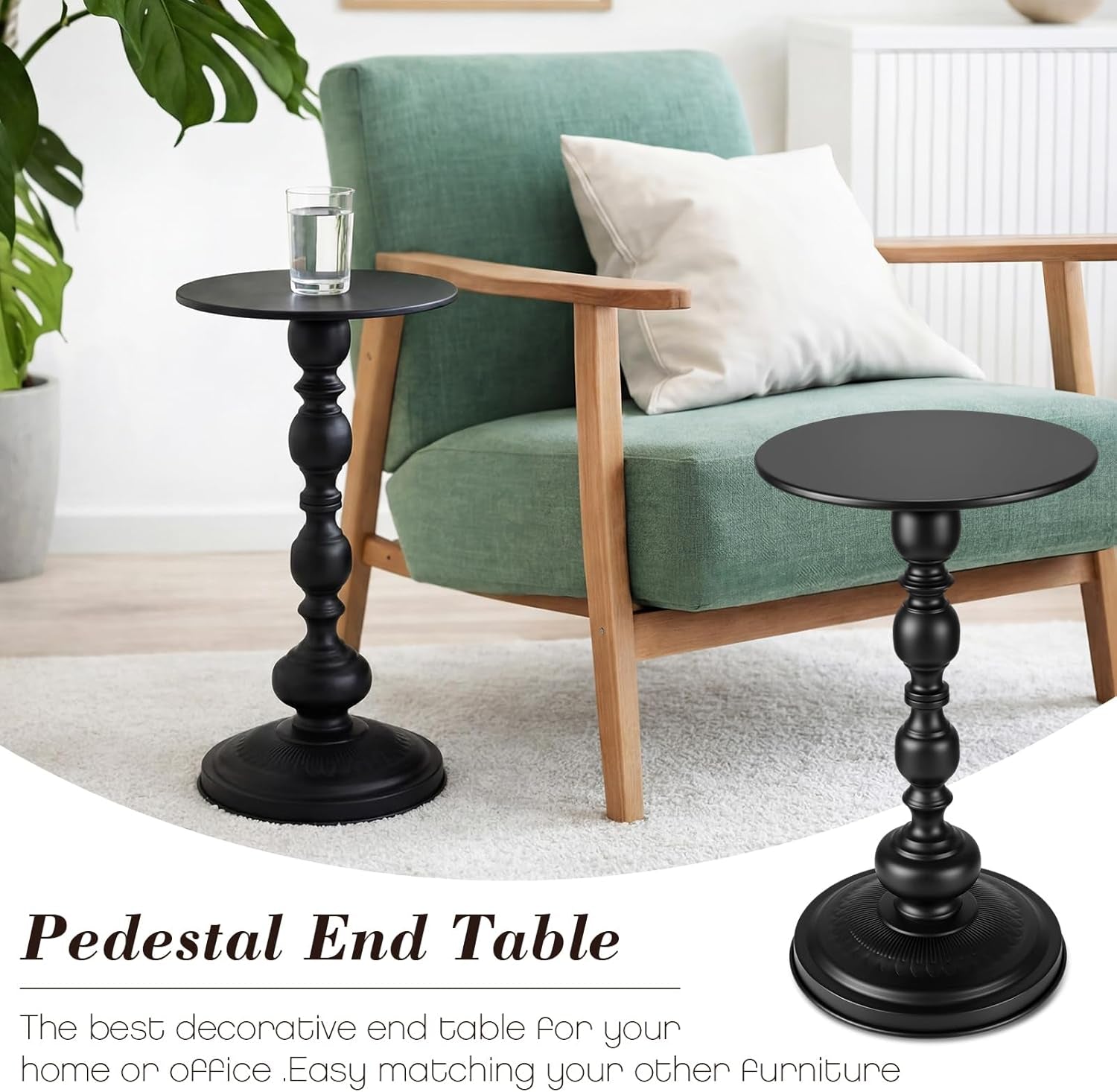 2 Set Pedestal Metal round Side Table Small Black End Table Vintage Sofa Coffee Drink Tables for Small Space Matte Modern Drink Tables for Sofa, Living Room, Bedroom, Bed, 11.8"W X 20.47"H