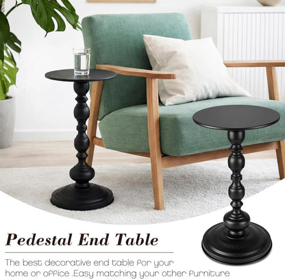 2 Set Pedestal Metal round Side Table Small Black End Table Vintage Sofa Coffee Drink Tables for Small Space Matte Modern Drink Tables for Sofa, Living Room, Bedroom, Bed, 11.8"W X 20.47"H
