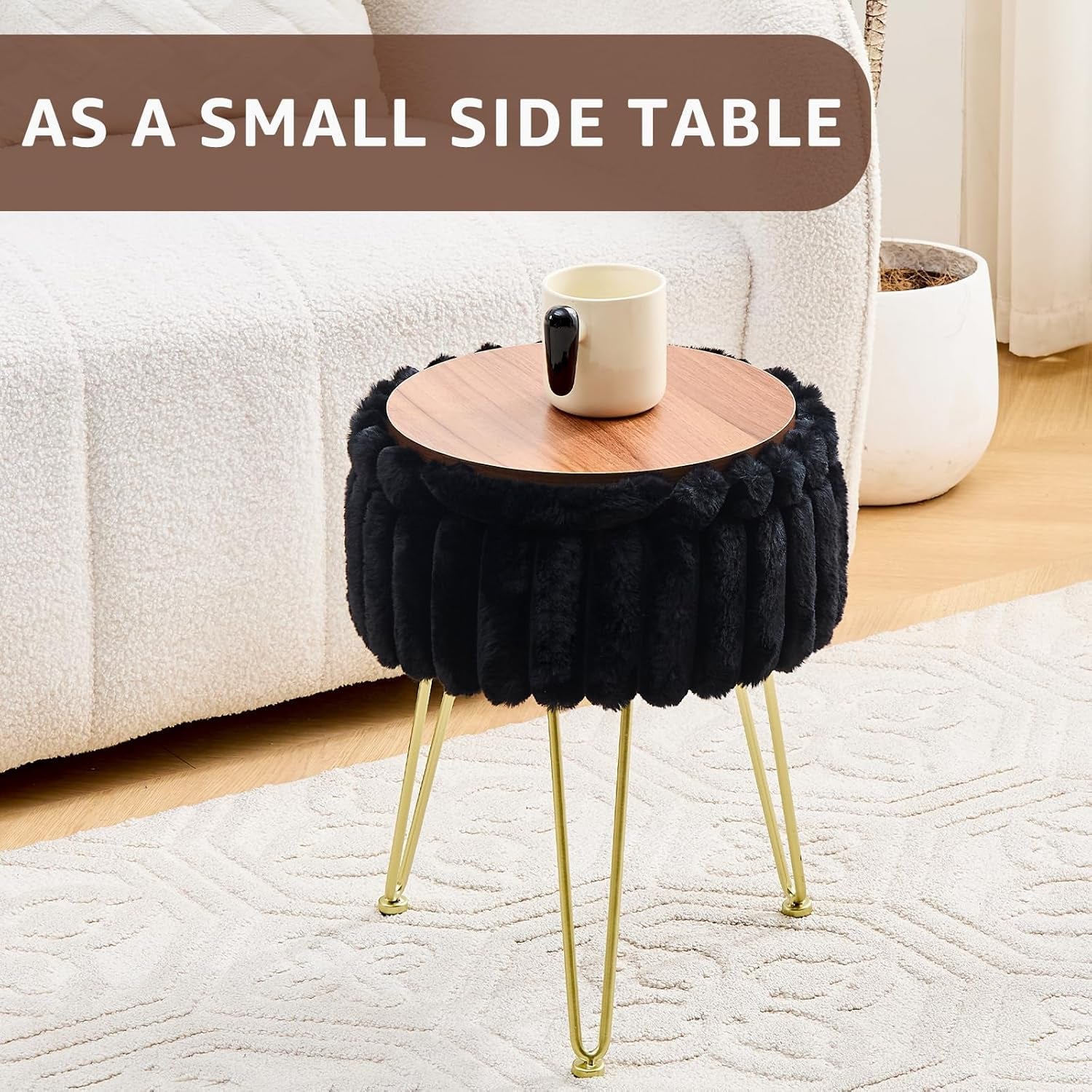 Vanity Stool with Storage, Faux Fur Ottoman Chair with Metal Legs, round Makeup Vanity Chair for Bedroom or Dressing Table, Modern Small Ottoman Seat (Black)
