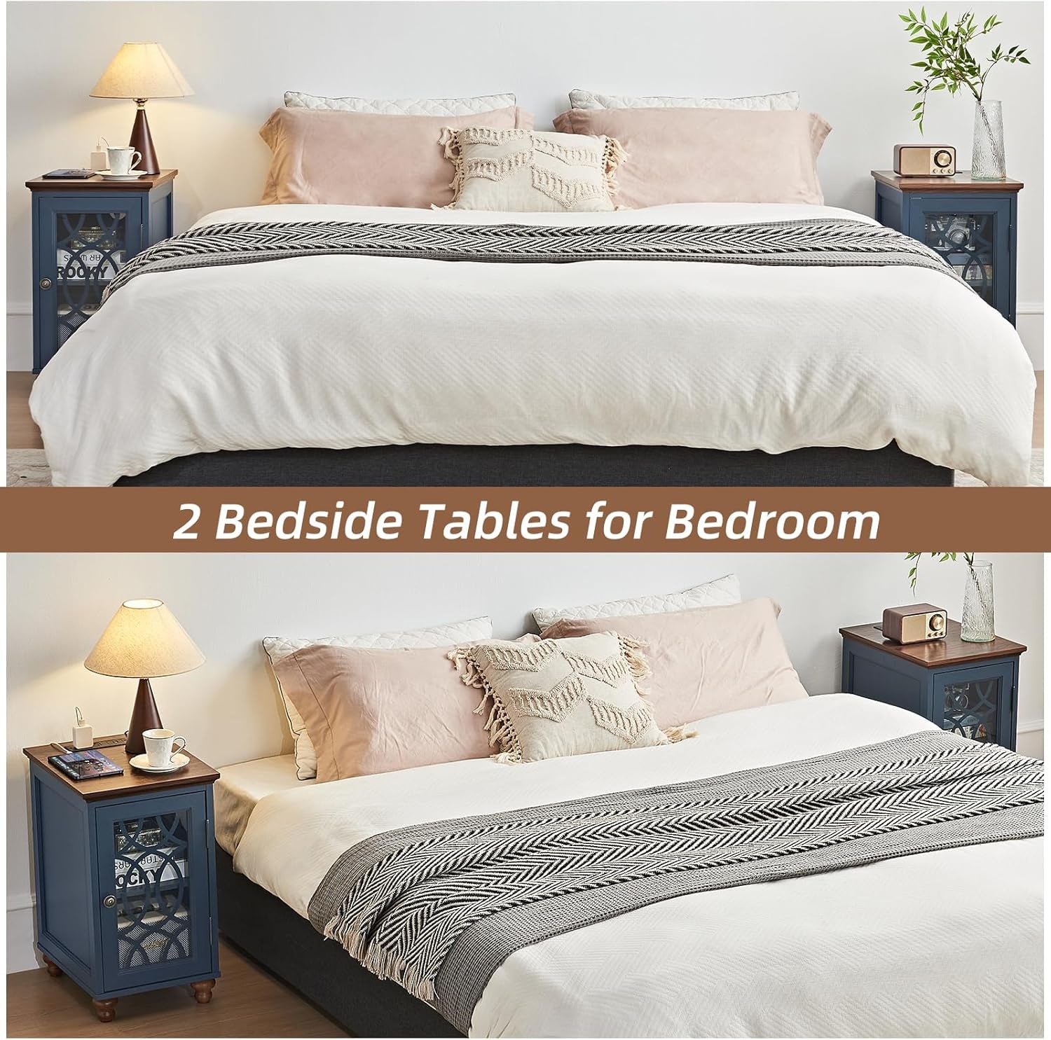 Narrow Side Table with Charging Station, Night Stand with Glass Door, Bedside End Tables with Adjustable Shelf Storage Cabinet,Wood Nightstand for Small Spaces Living Room Bedroom