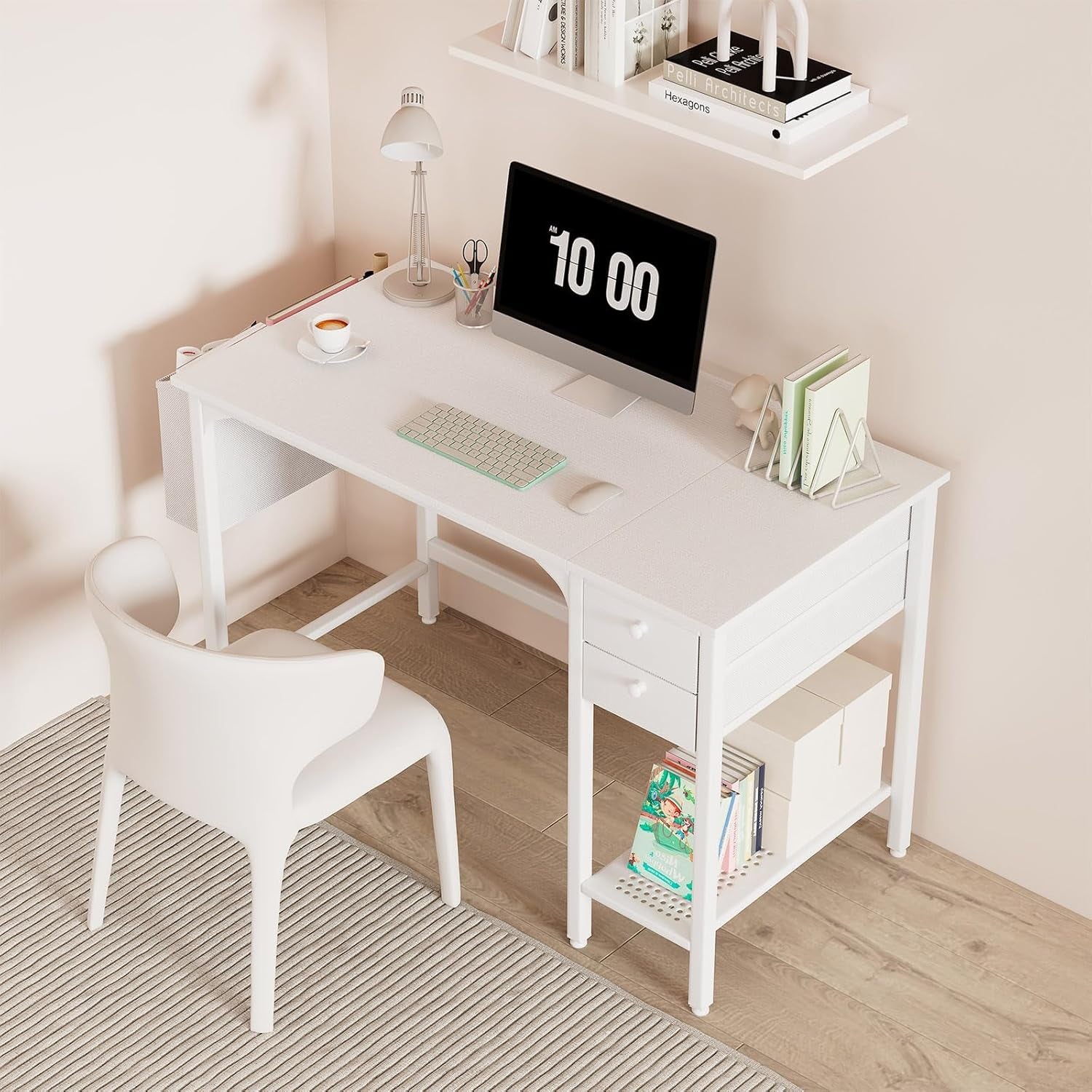 White Small Desk with Drawers - 40 Inch Computer Desk for Small Space Home Office, Modern Simple Study Writing Table PC Desks