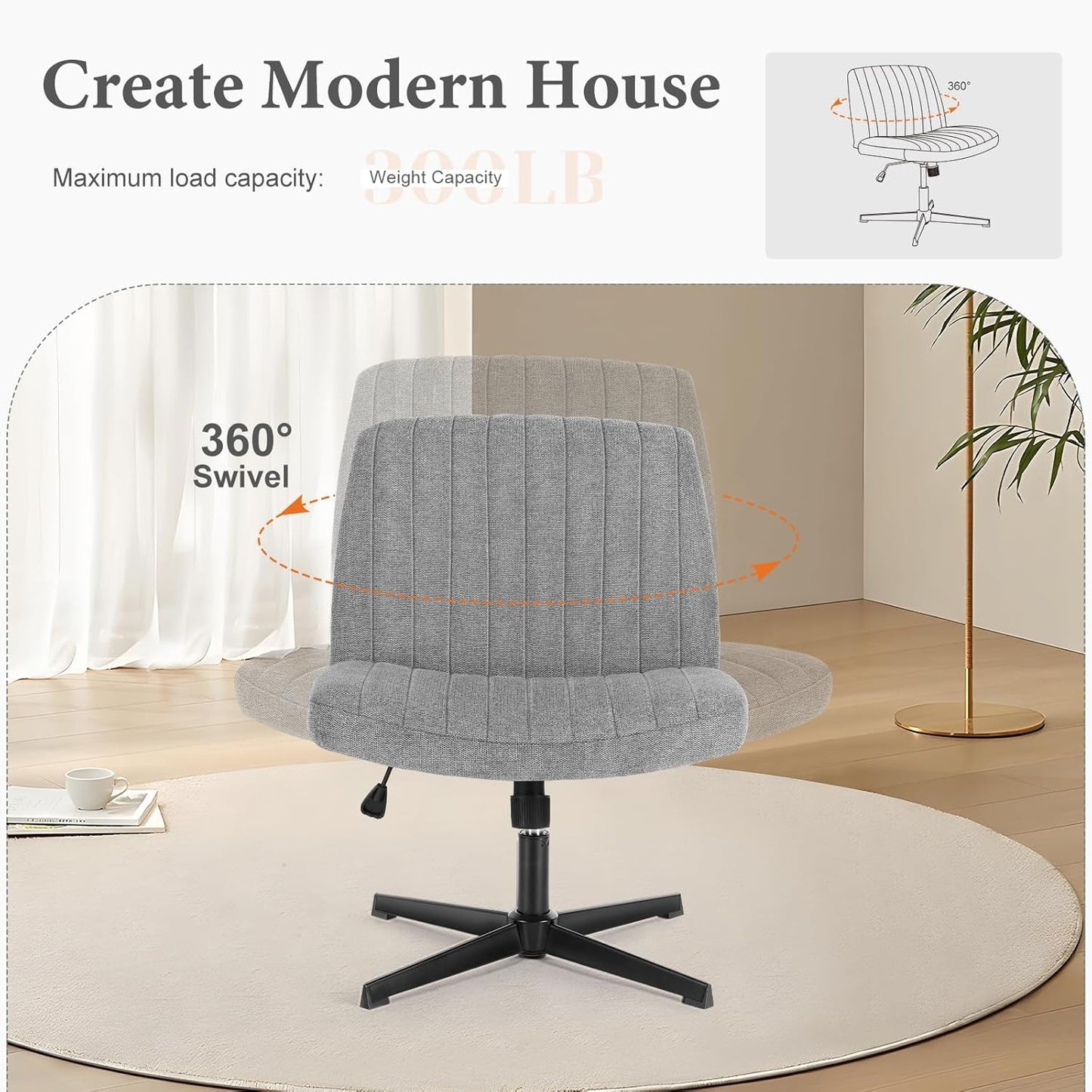 Criss Cross Chair Legged, Armless Office Wide Desk Chair No Wheels, Swivel Vanity Height Adjustable Fabric Modern Computer Task Seating for Home - Grey
