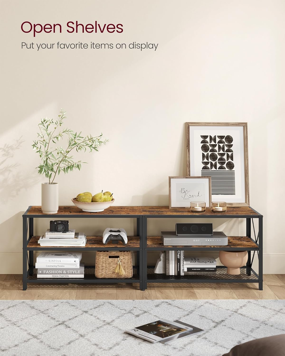 TV Stand for TV up to 70 Inches, TV Table, Entertainment Center, 3-Tier TV Console, Steel Frame, Industrial Style, for Living Room, Rustic Brown and Black ULTV095B01