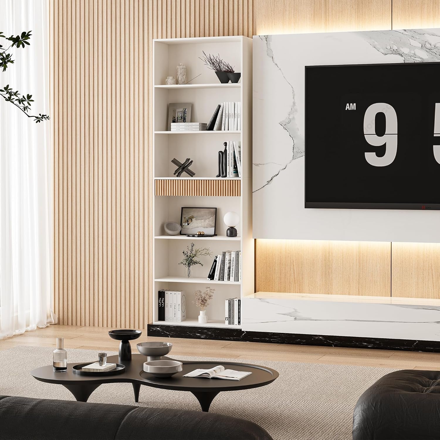 72" Tall Bookshelf with Storage, 7-Tier Bookcase Fluted with Drawer, Display Book Shelf Book Organizer with Anti-Tip Device, Home Decor Wood Furniture for Bedroom, Living Room and Office, White