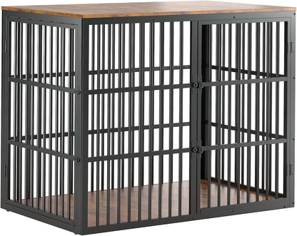 48'' Dog Crate Furniture with 3 Lockable Doors, 3-In-1 Dog Kennel with Heavy Duty Metal Frame & Wooden Panels, XXL Crate End Table for Medium to Large Breeds, Brown & Black