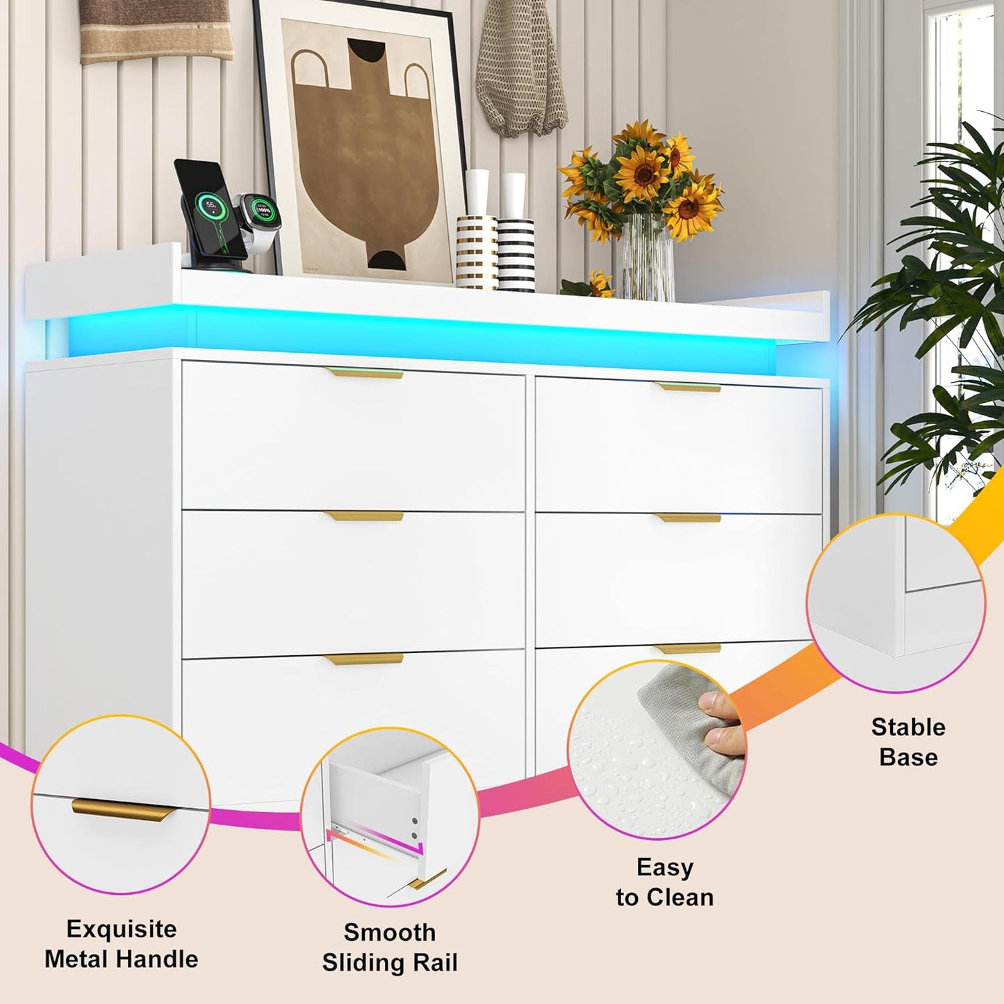 6 Drawer Dresser for Bedroom, White Dresser with LED Lights and Power Outlet, Modern Chest of Drawers for Closet, Double Wide Drawer Organizer Cabinet for Bedroom, Living Room, Entryway, Hallway